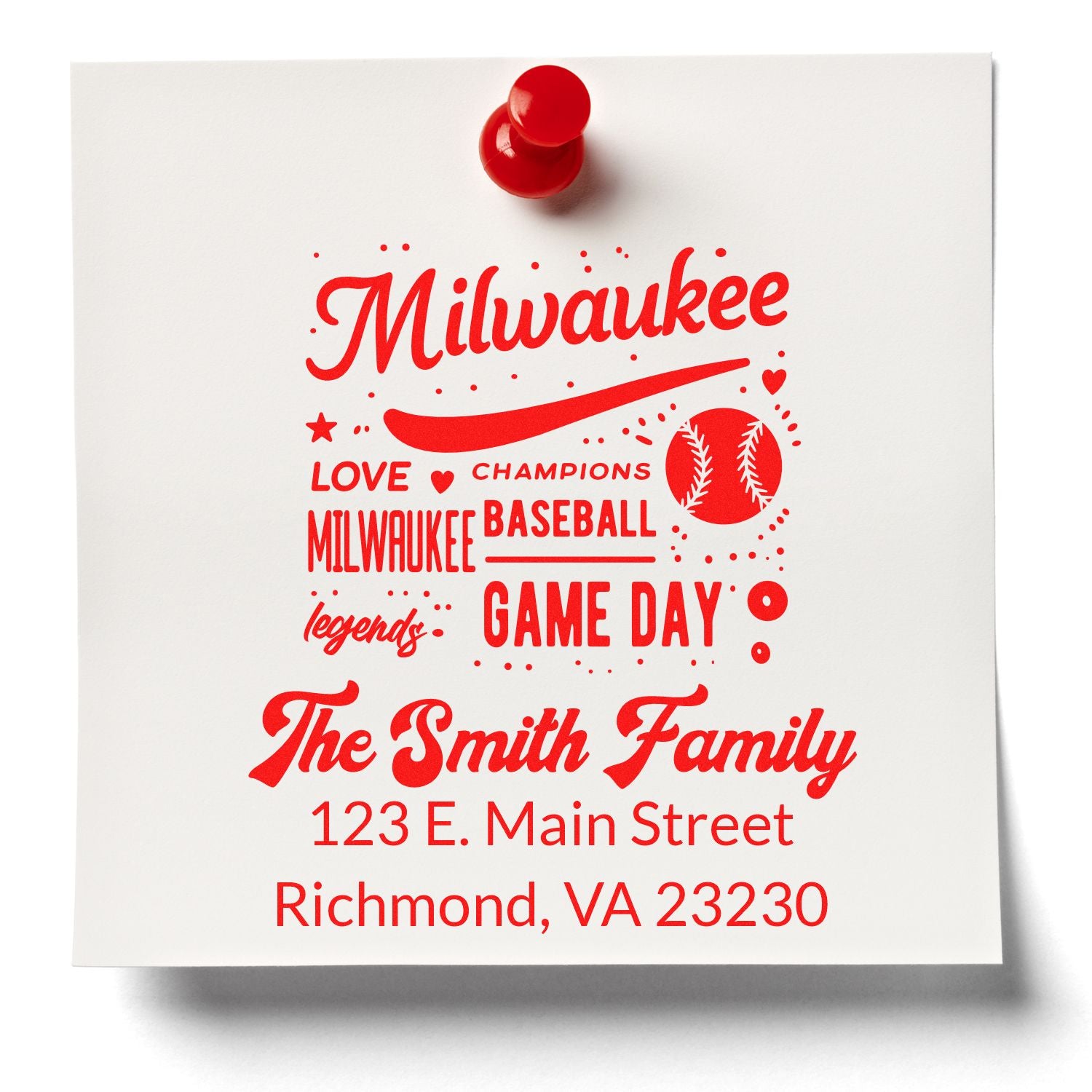 Custom Milwaukee baseball family address rubber stamp for The Smith Family, Richmond, VA 23230.