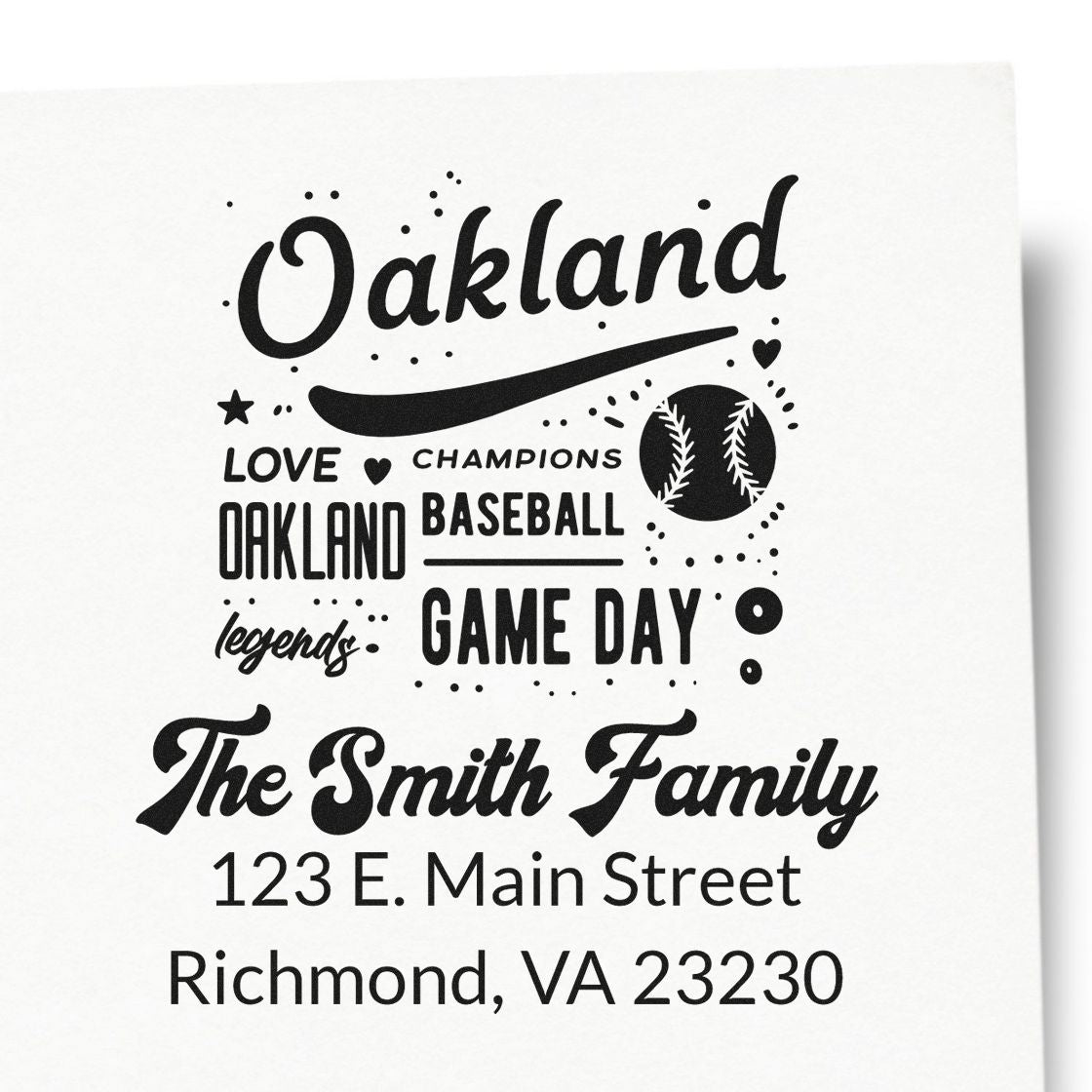 Custom Oakland baseball family address rubber stamp for The Smith Family, with game day design and Richmond, VA return address.