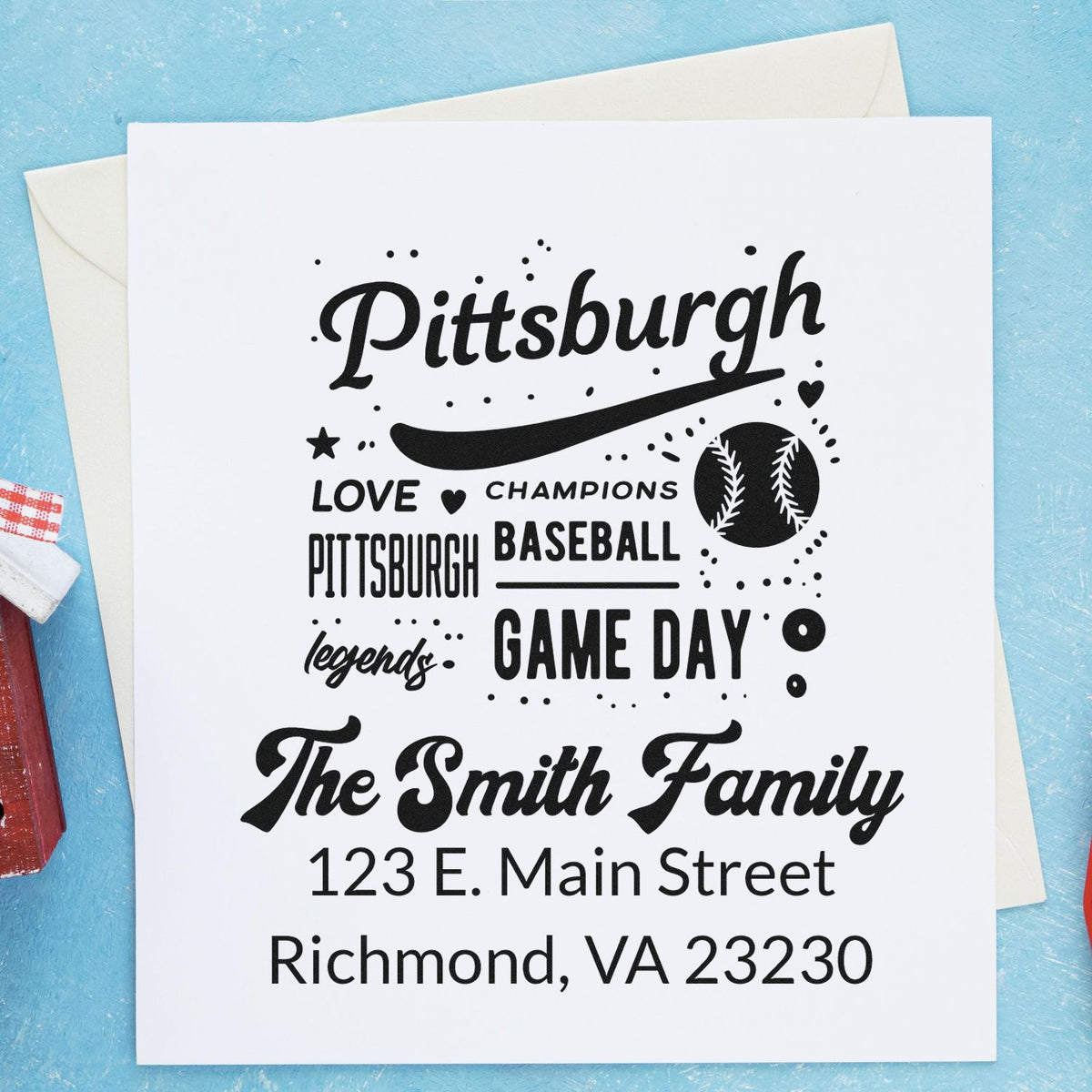 Personalized Pittsburgh baseball family address rubber stamp for game day cards and envelopes