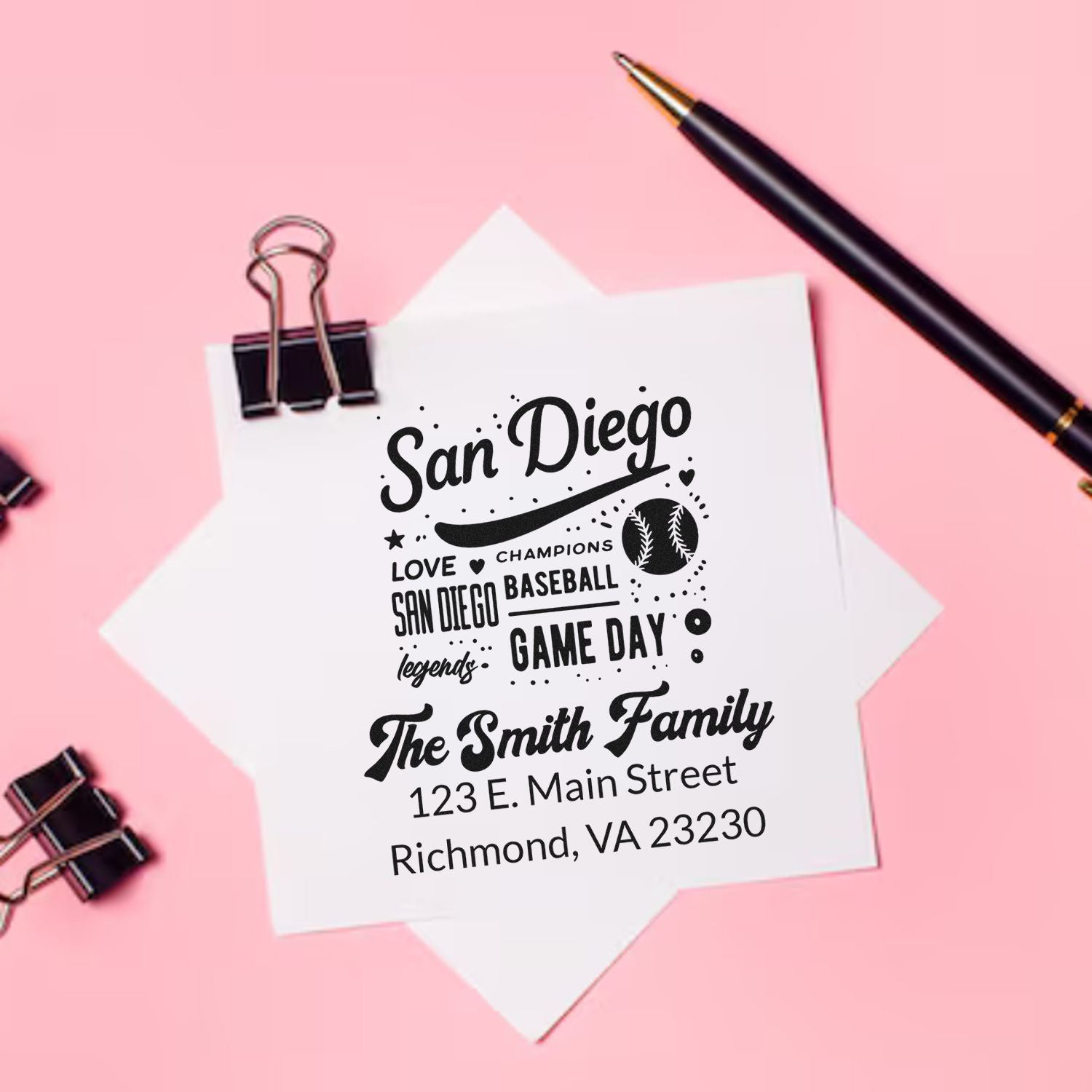 Custom baseball-themed personalized address rubber stamp for The Smith Family, with San Diego design and Richmond, VA address.