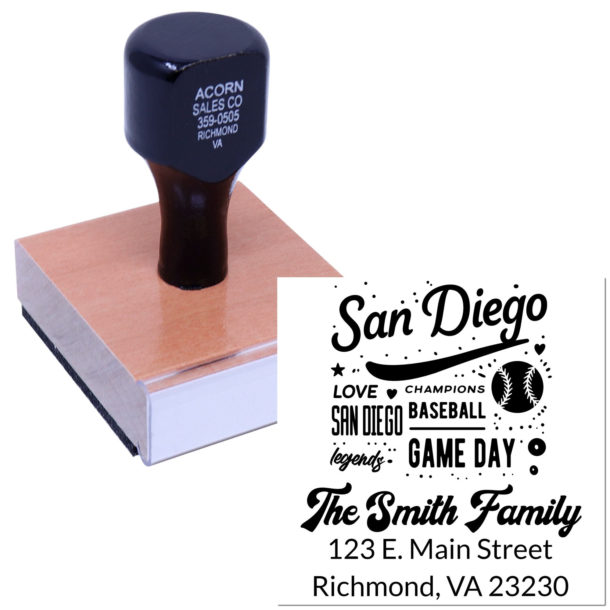 Custom rubber stamp with personalized San Diego baseball game day design, Smith family name, and Richmond, VA address.