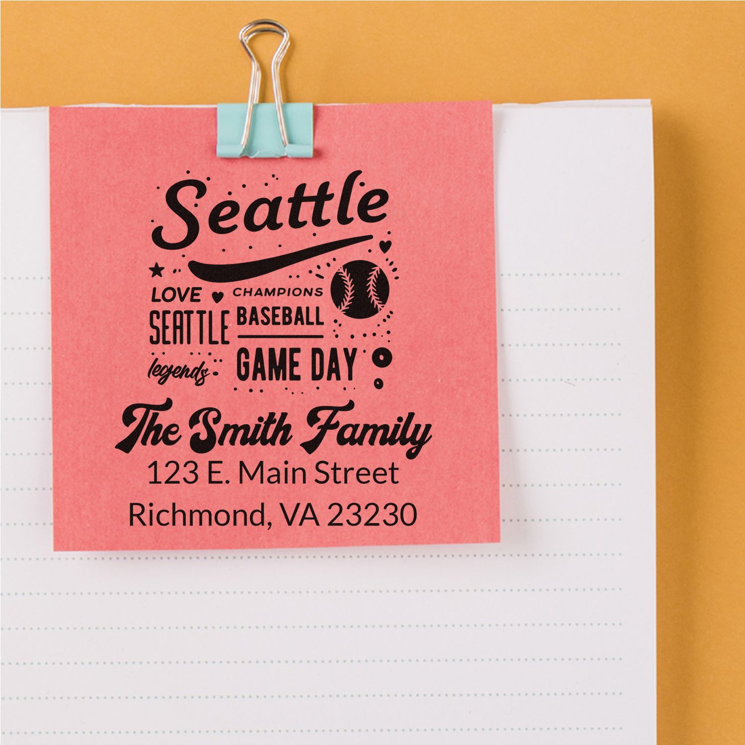 Custom Seattle baseball address rubber stamp for The Smith Family, 123 E. Main Street, Richmond, VA.