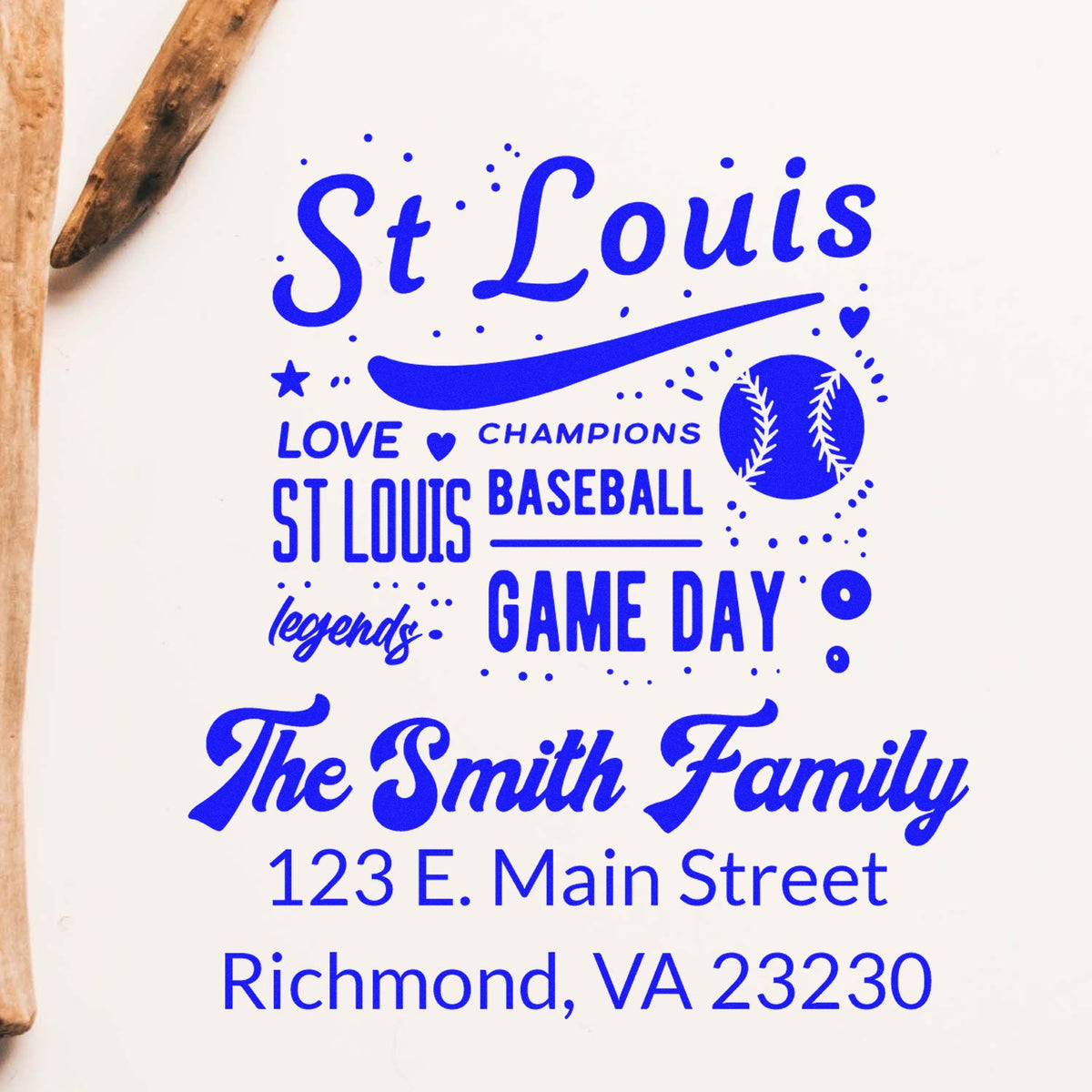 Personalized St. Louis baseball rubber stamp with The Smith Family return address and game day design.