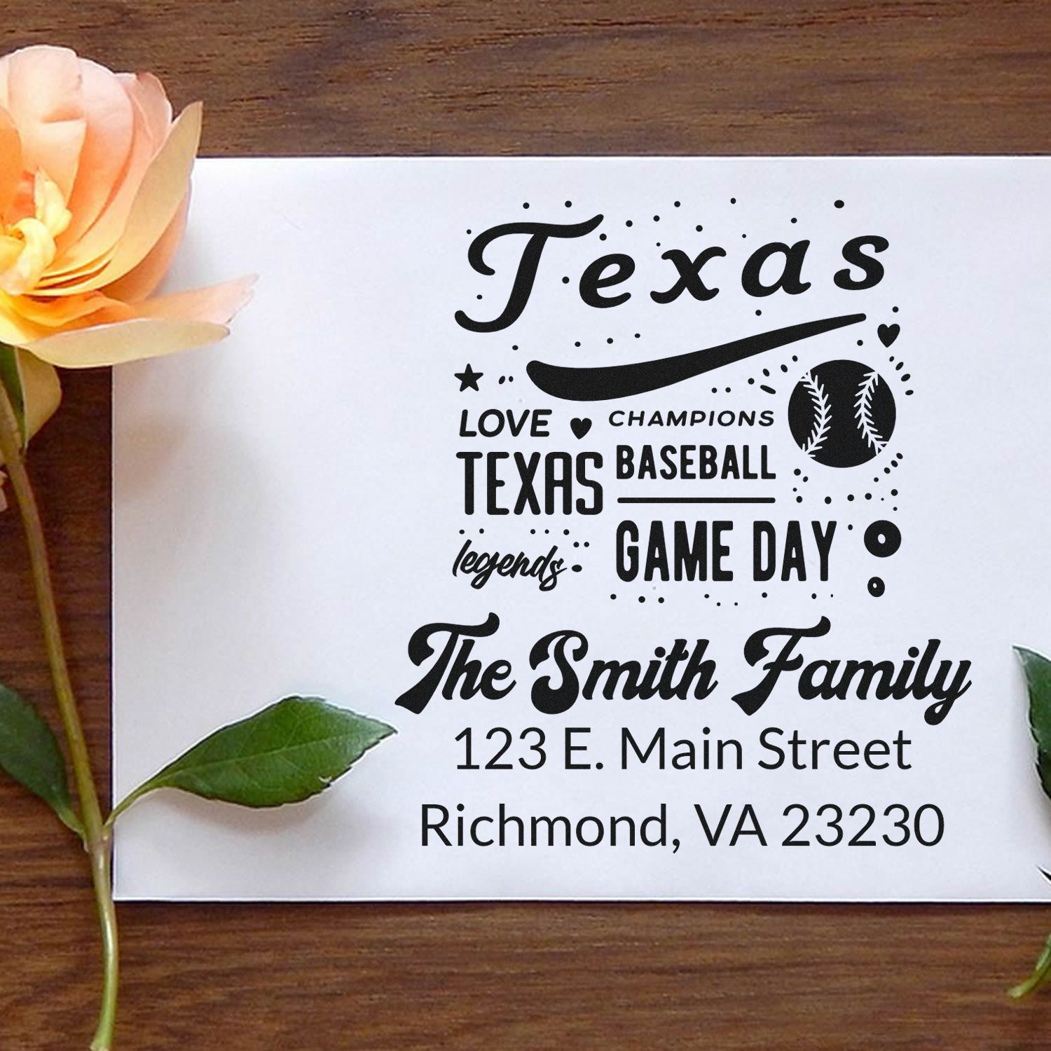Custom Texas baseball game day return address rubber stamp for The Smith Family, Richmond, VA.