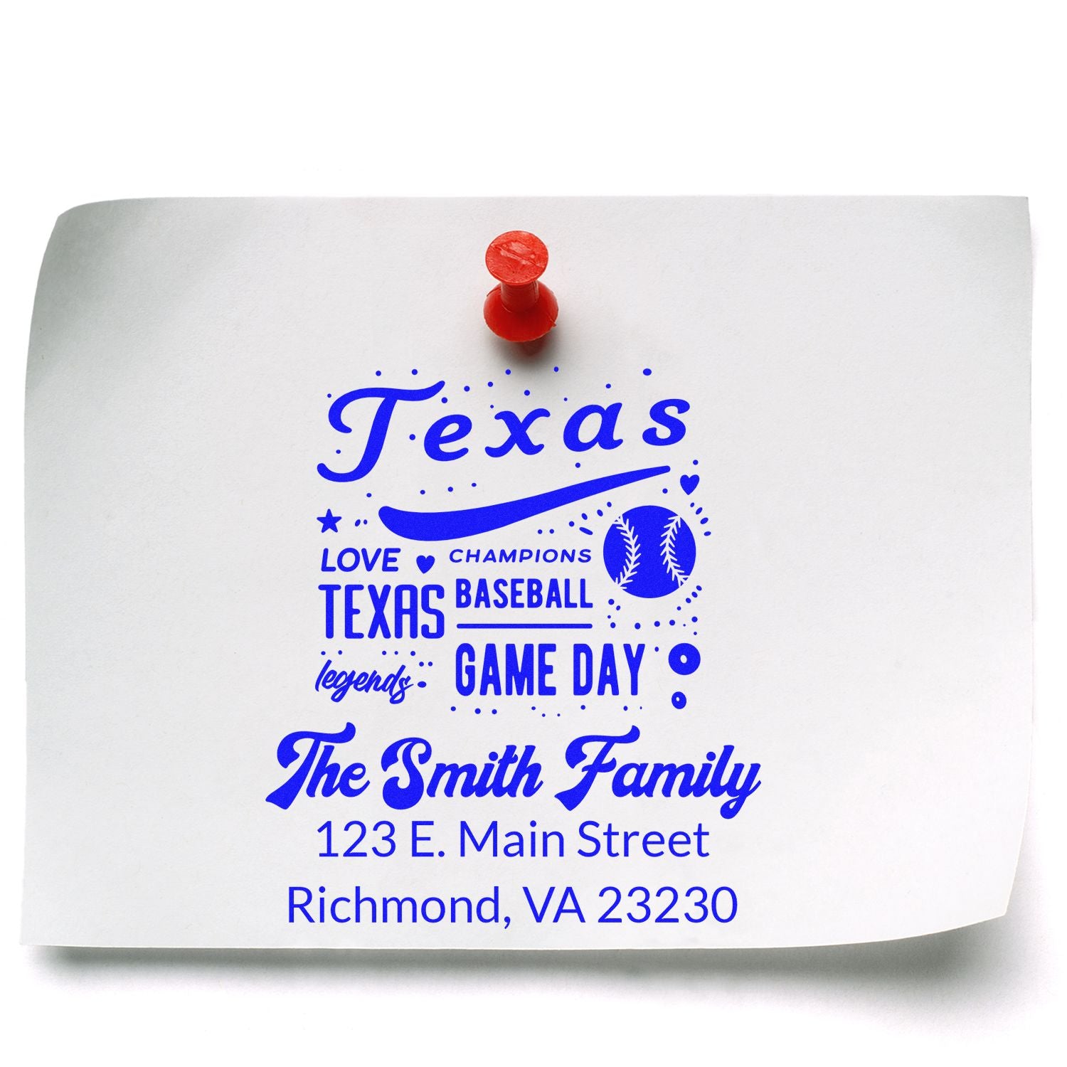 Custom Texas baseball rubber stamp for The Smith Family with personalized address, game day design, Richmond VA 23230.
