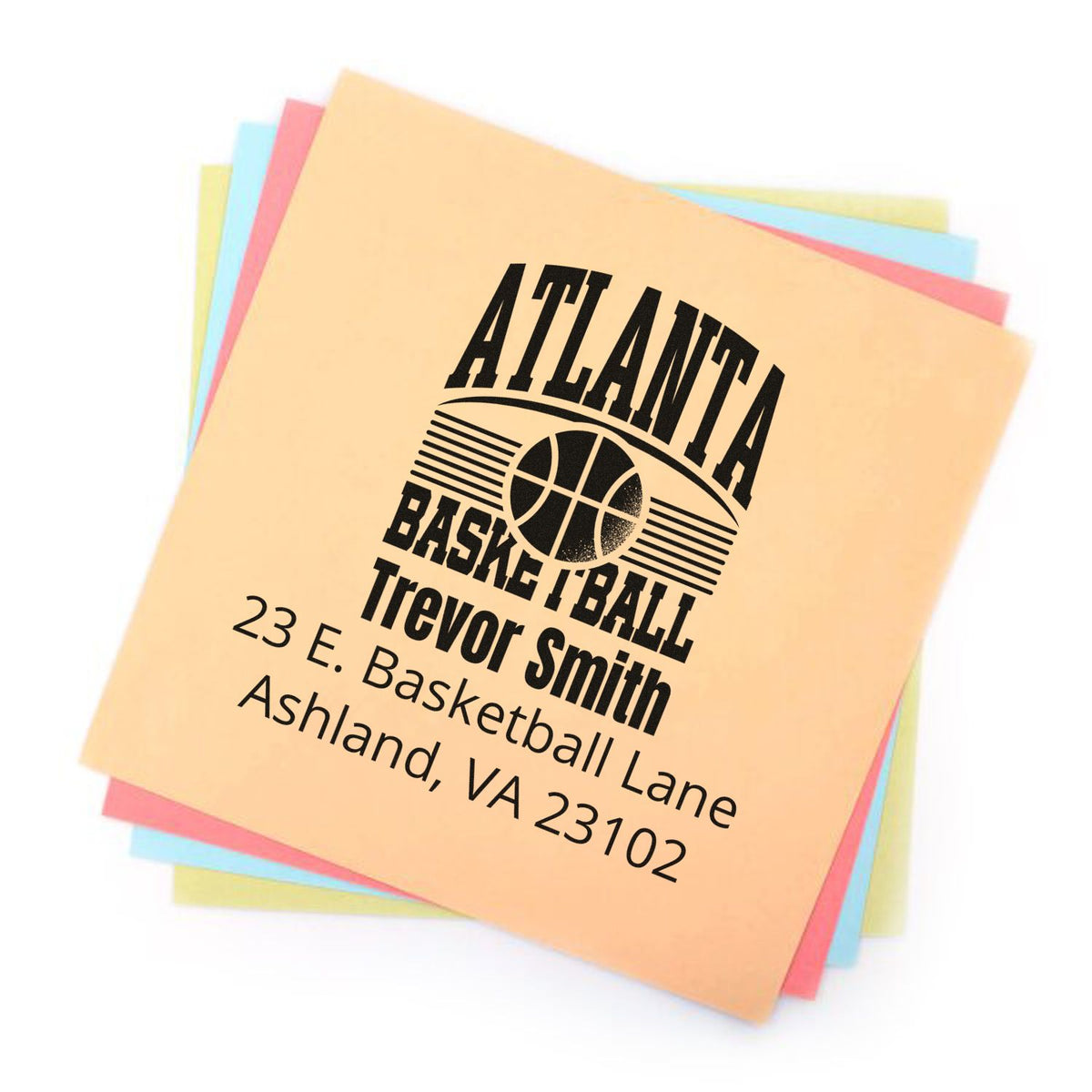 Custom Atlanta Basketball return address rubber stamp for Trevor Smith, 23 E. Basketball Lane, Ashland, VA 23102