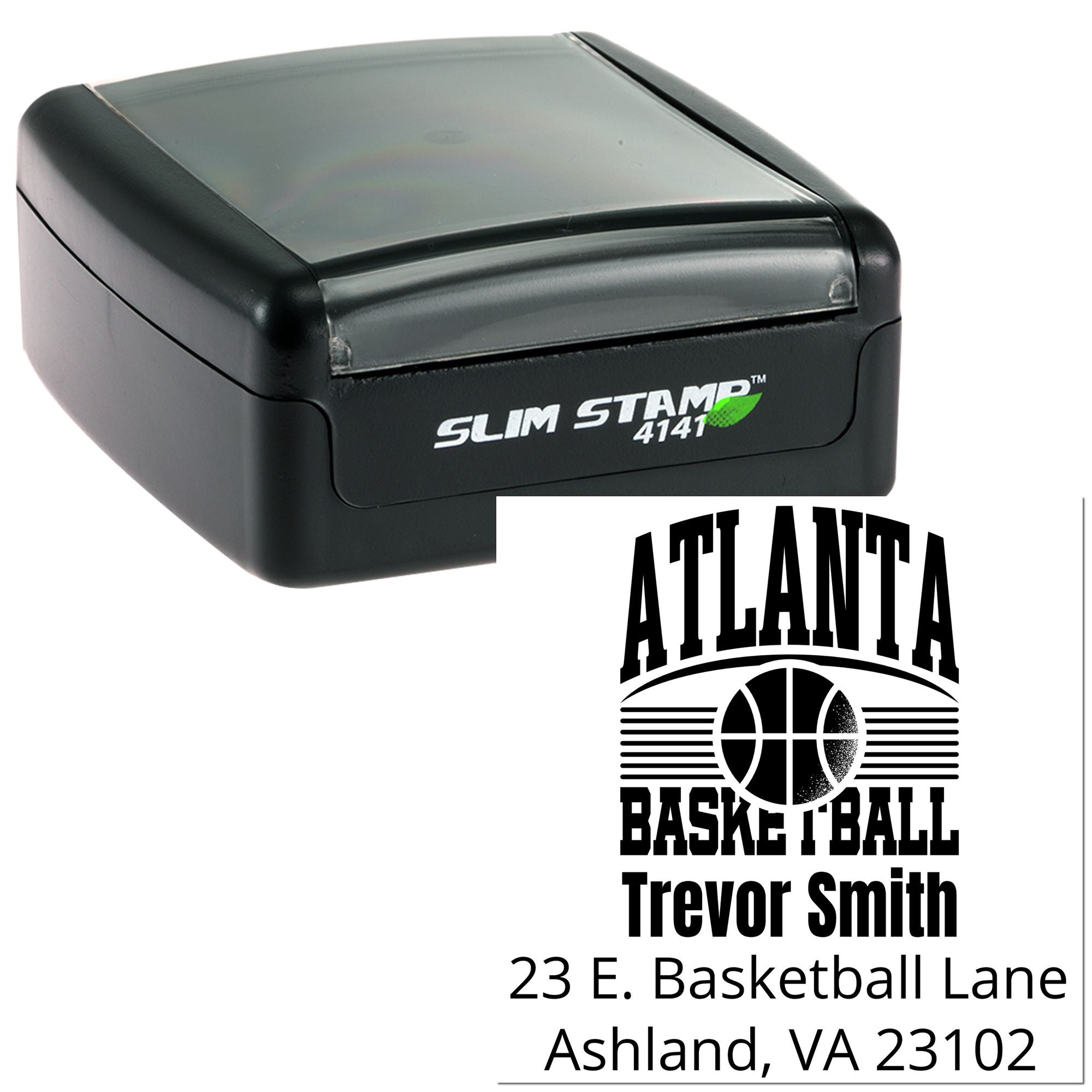 Custom Slim Stamp self-inking rubber stamp with Atlanta basketball return address design for personalized mailing.