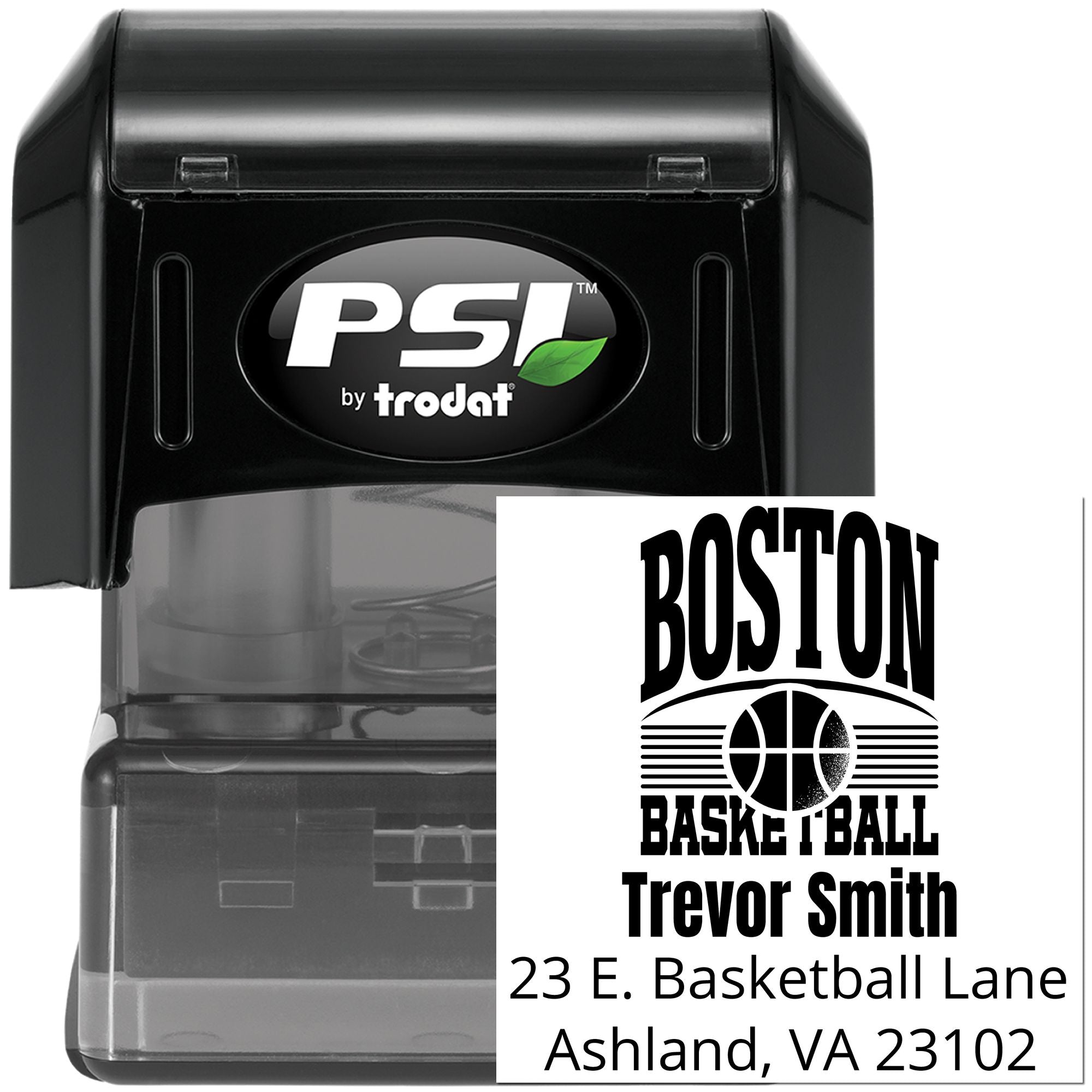 Custom self-inking rubber stamp for Boston Basketball mailings, with Trevor Smith return address.