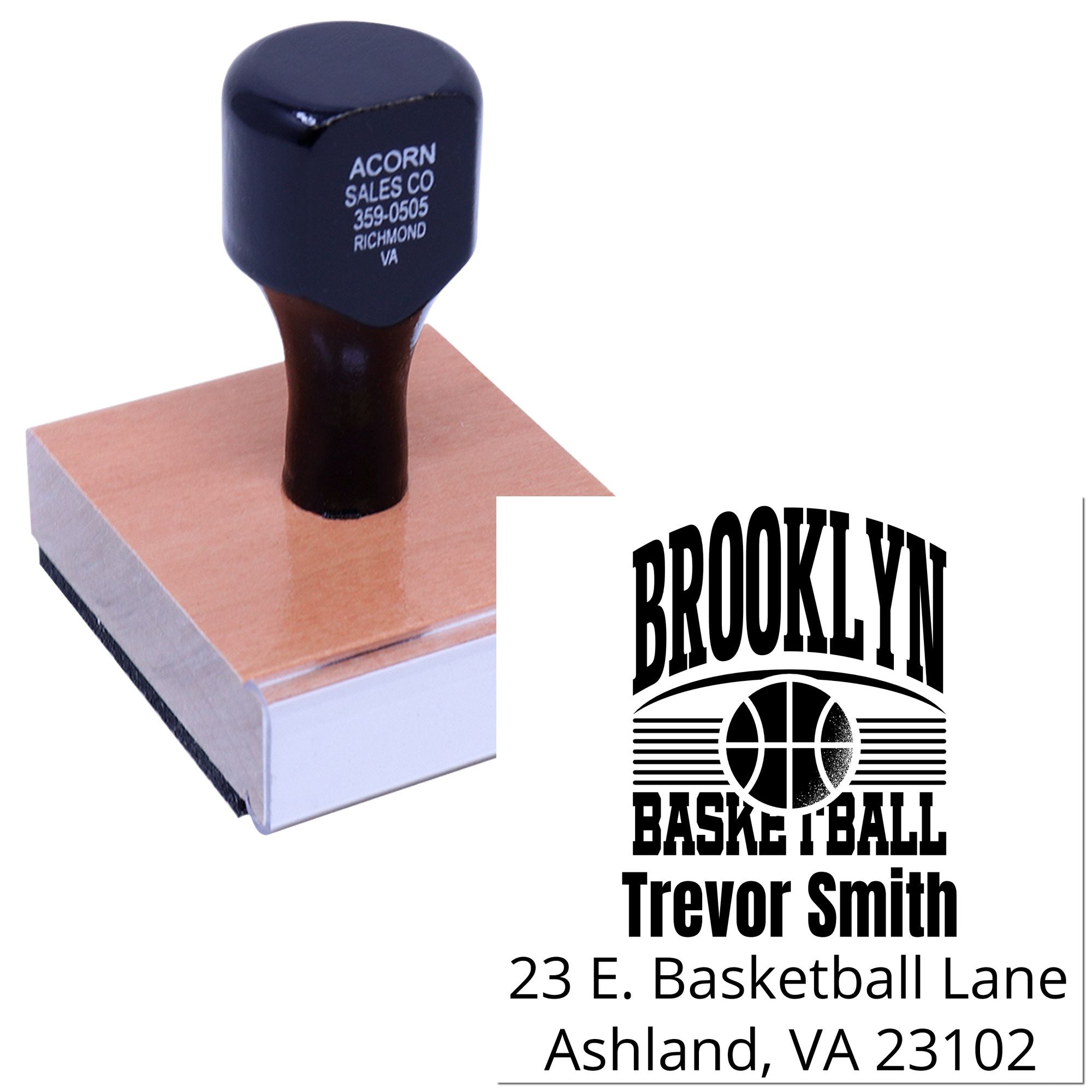 Custom basketball address rubber stamp with Brooklyn basketball design, personalized name, and return address for mailing