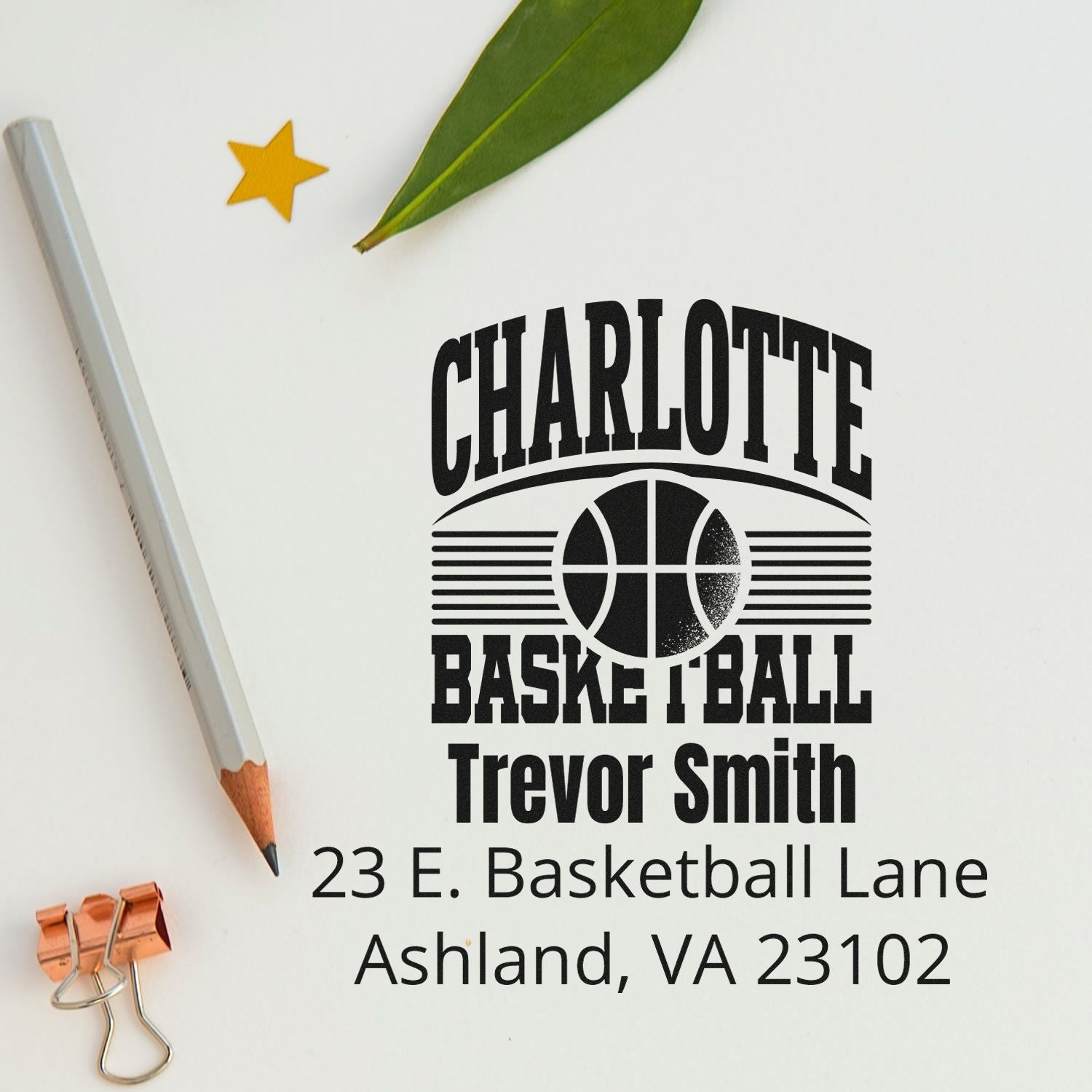 Personalized Charlotte basketball address rubber stamp for Trevor Smith, 23 E. Basketball Lane, Ashland, VA 23102