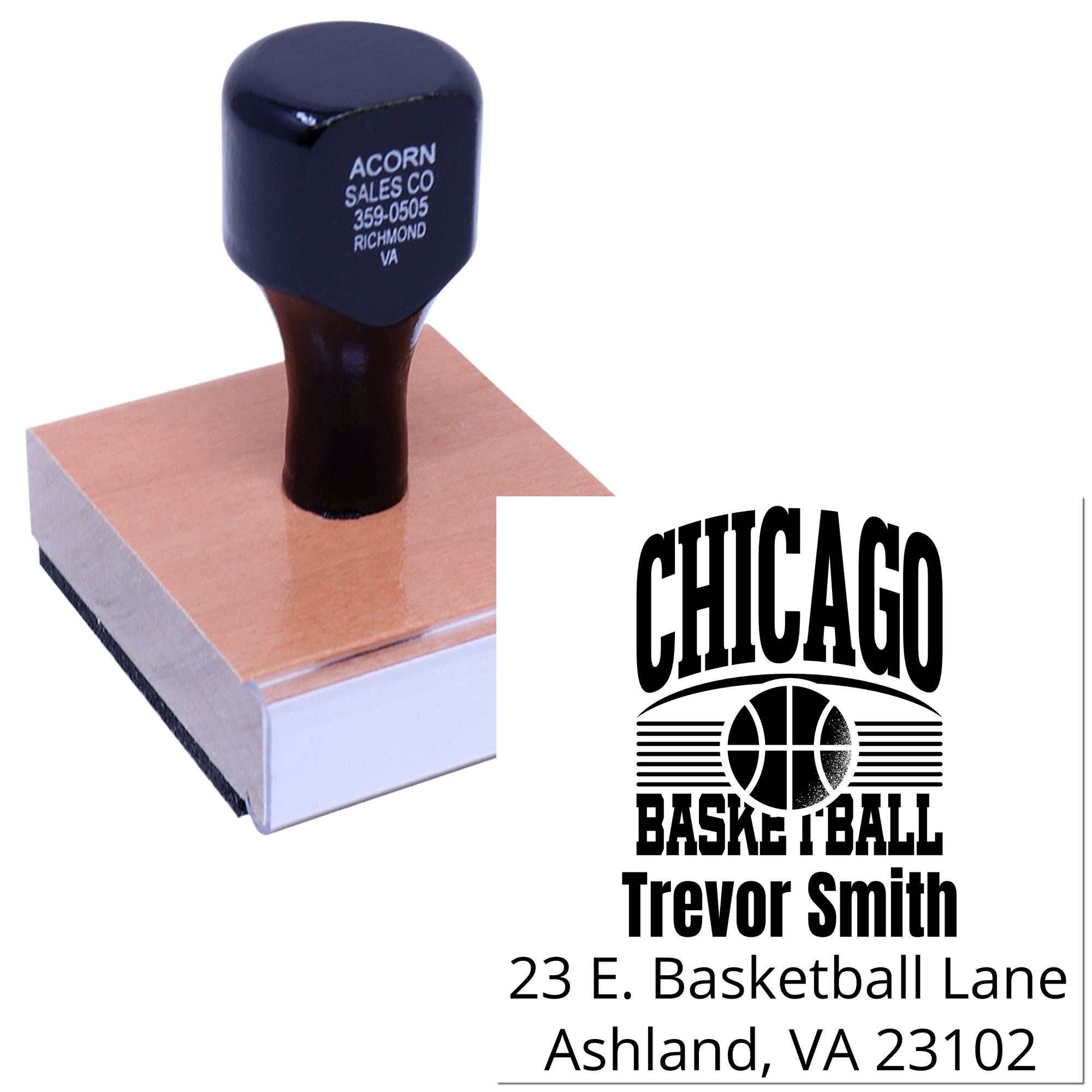 Custom rubber address stamp with Chicago basketball design for Trevor Smith, Ashland, VA