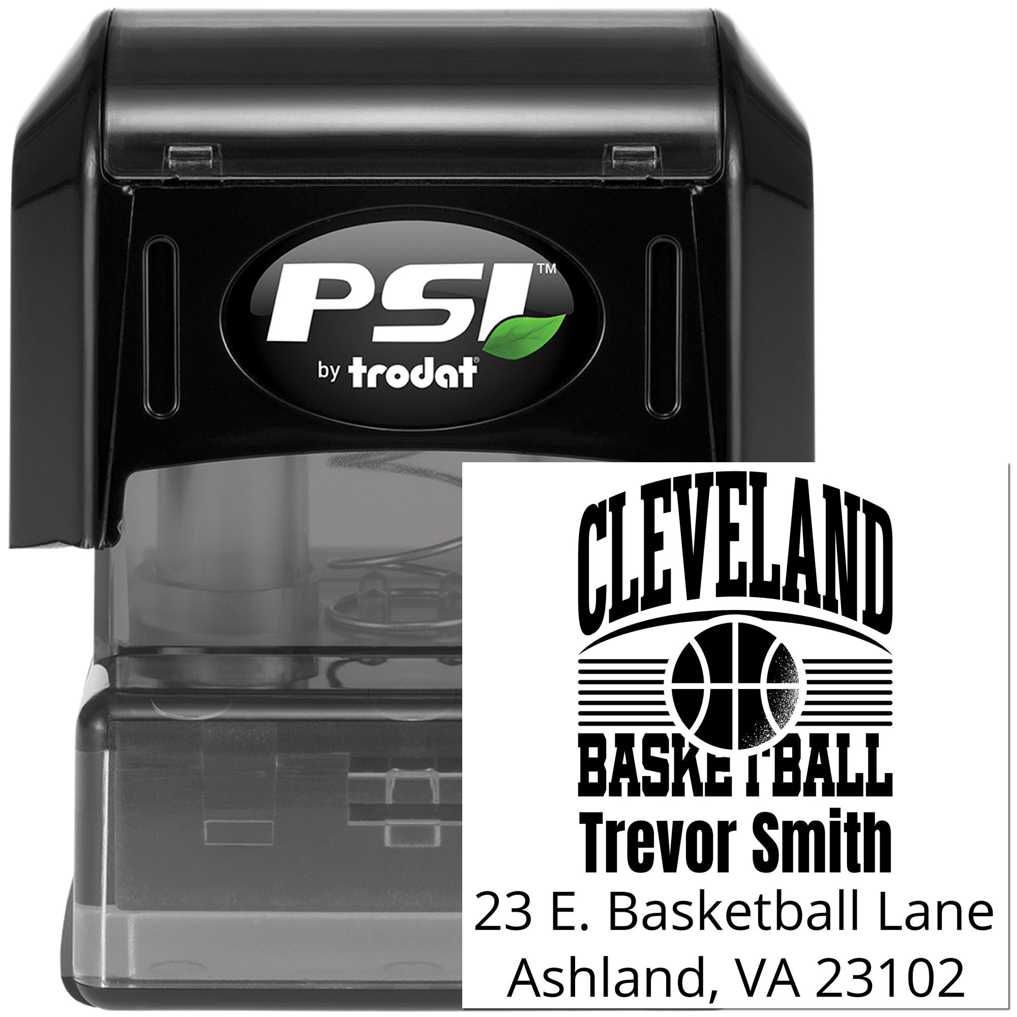 PSI by Trodat self-inking rubber stamp with custom Cleveland basketball address stamp for personalized mailings