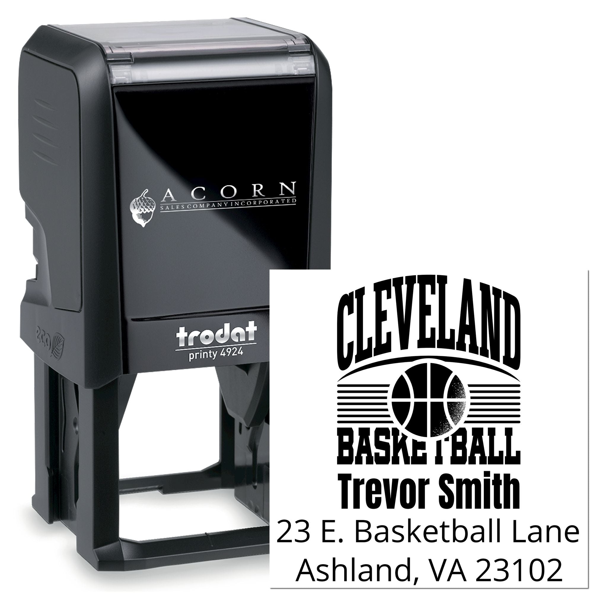 Custom self-inking rubber stamp with Cleveland basketball return address design for personalized mailing.