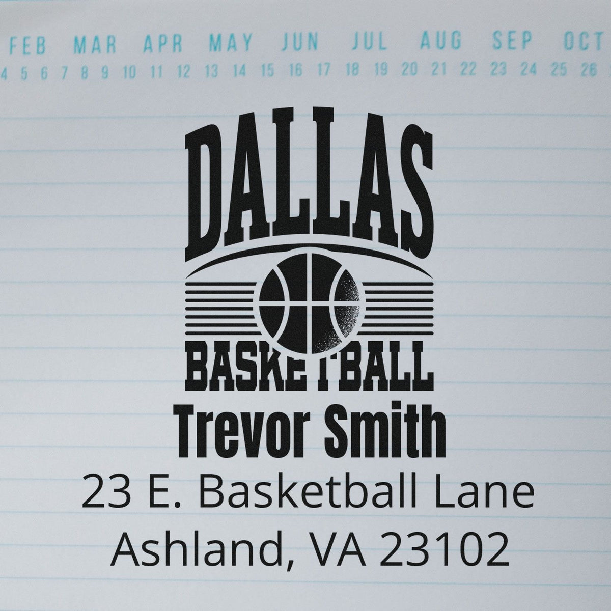 Custom Dallas Basketball address rubber stamp for Trevor Smith, Ashland, VA 23102