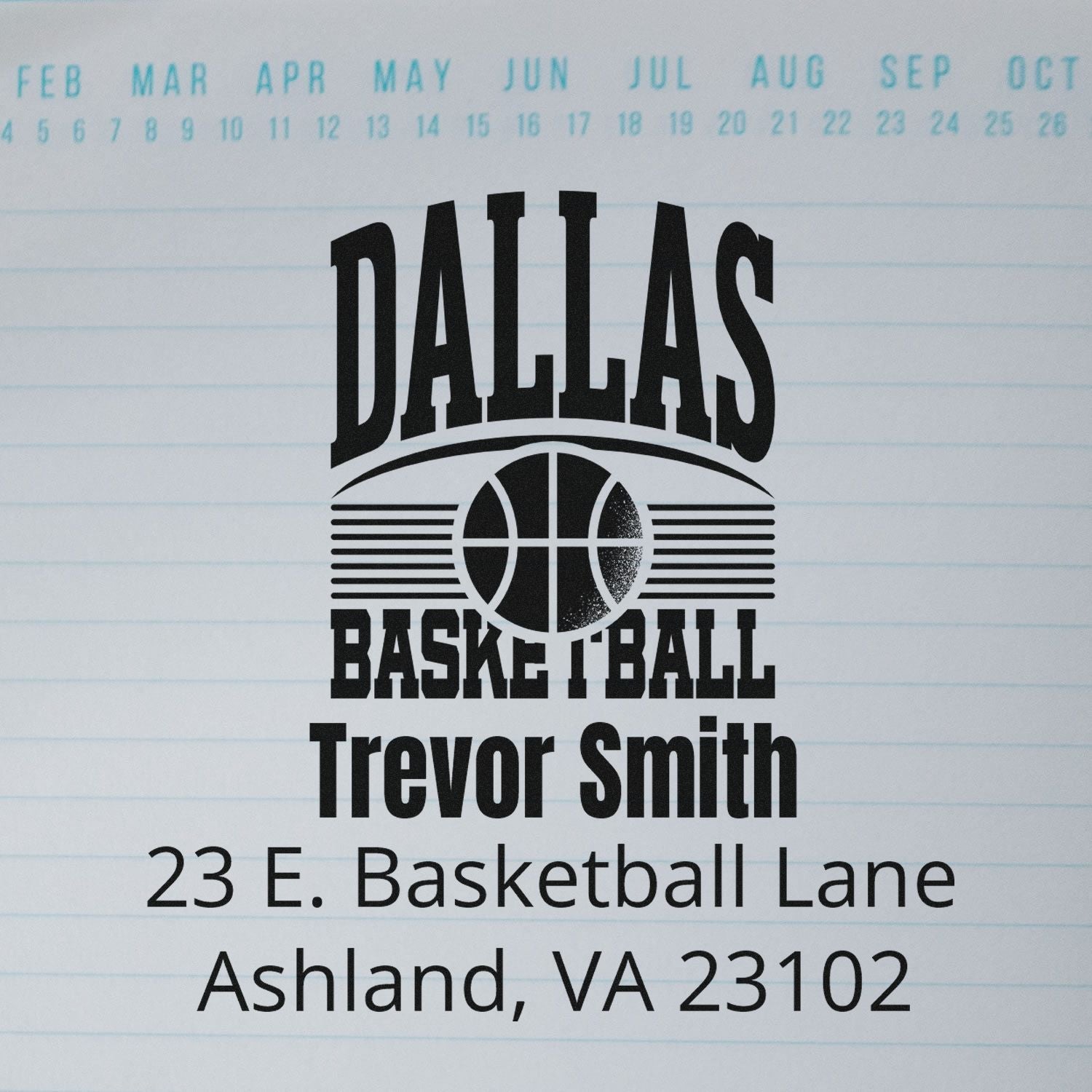 Custom Dallas basketball return address stamp with basketball logo, Trevor Smith, and Ashland, VA 23102 for mailing.