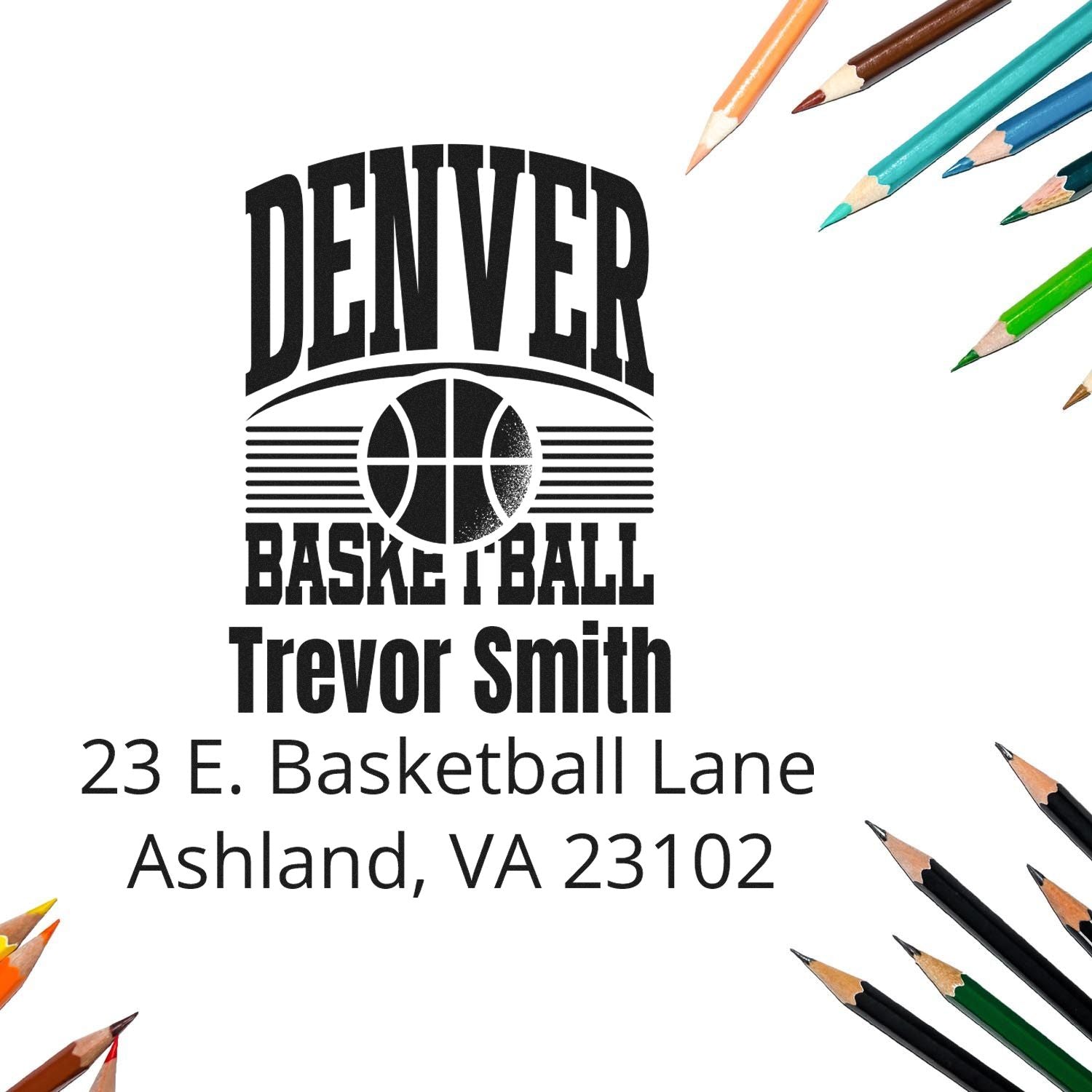 Custom Denver basketball address rubber stamp for Trevor Smith, Ashland VA, with name, street address, and ZIP code.