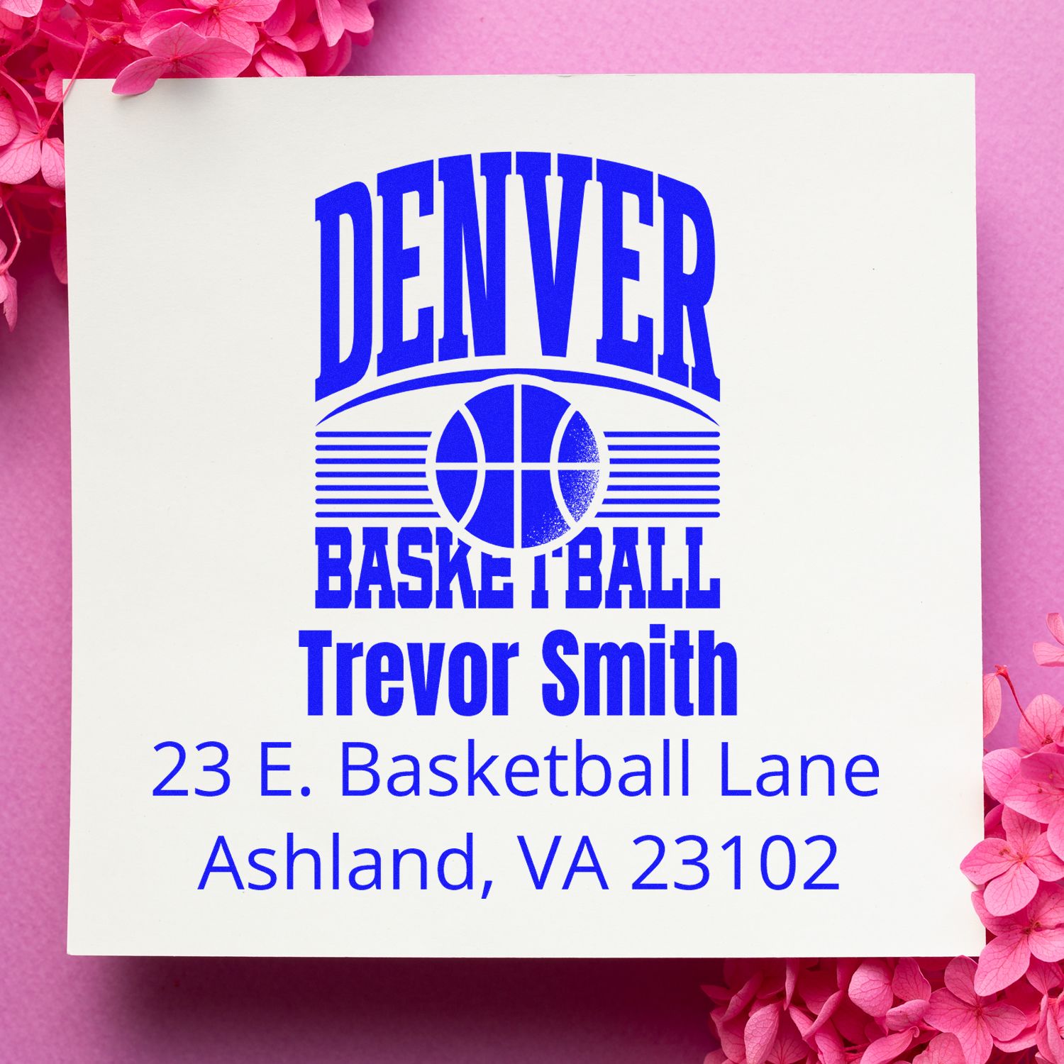 Custom Denver basketball return address rubber stamp for Trevor Smith, Ashland, VA 23102.
