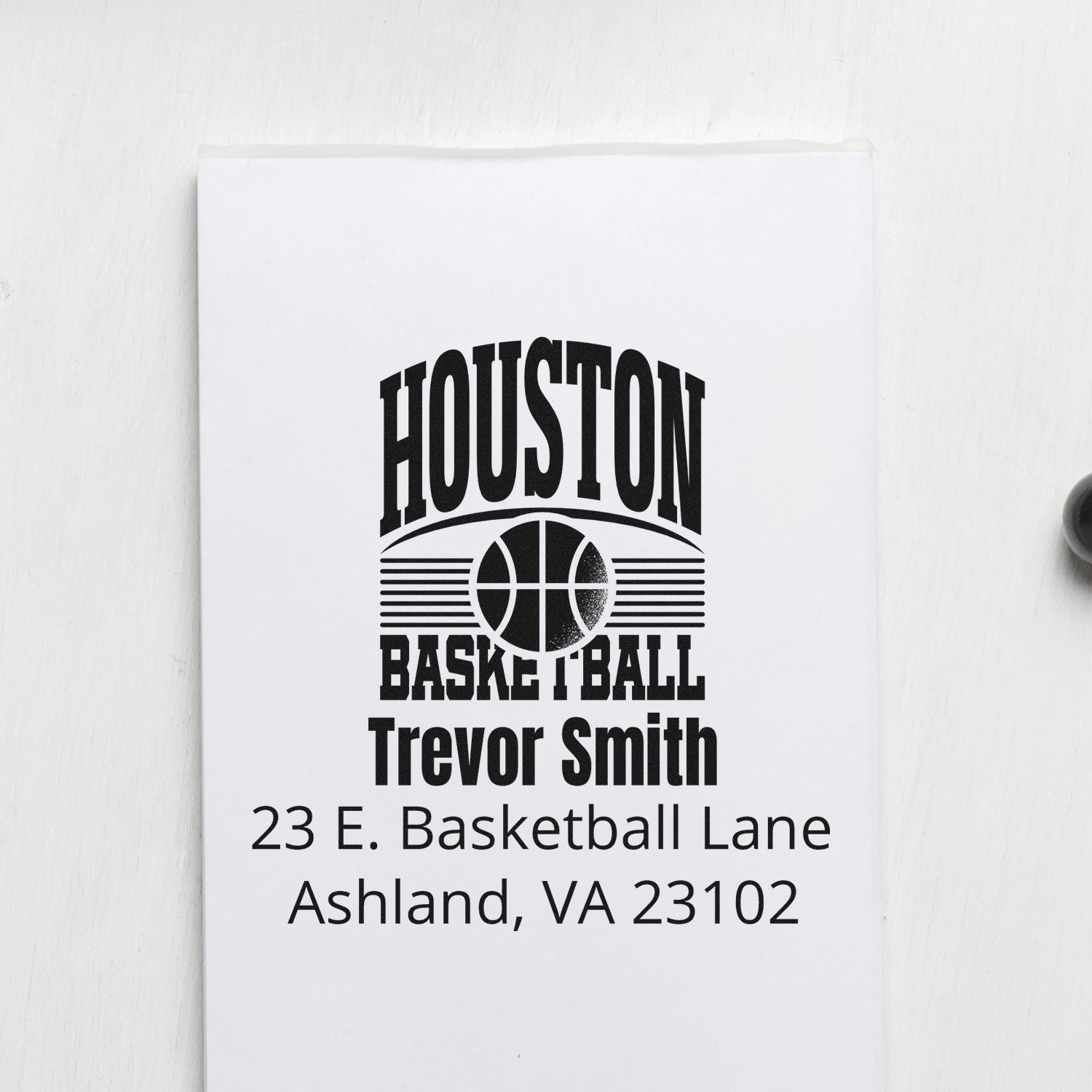 Personalized Houston basketball rubber stamp for Trevor Smith, with custom name and address.