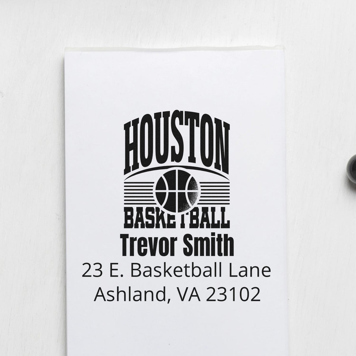 Custom Houston basketball return address rubber stamp with Trevor Smith name and Ashland, VA address