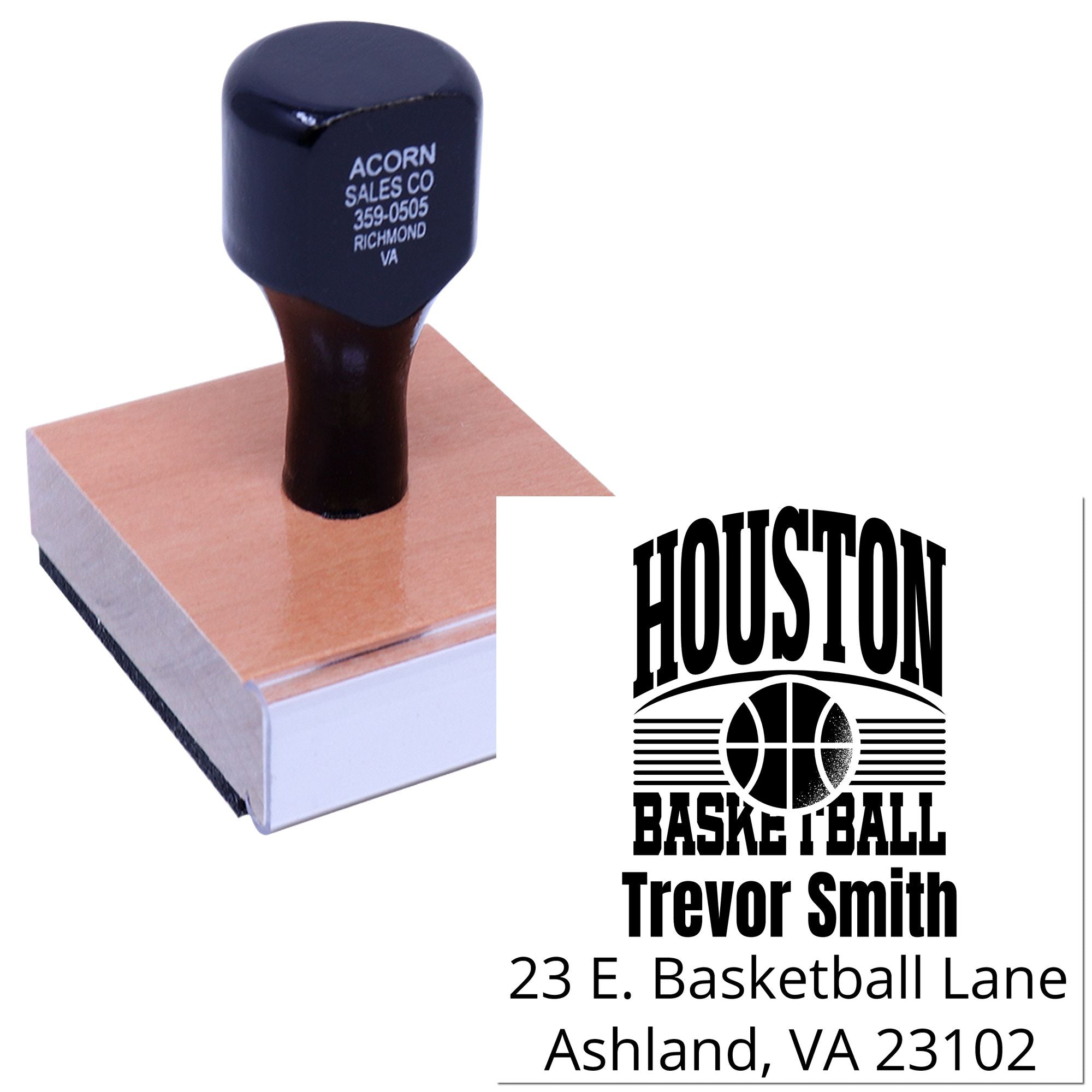 Custom basketball return address stamp for Trevor Smith in Houston, featuring name and full mailing address.