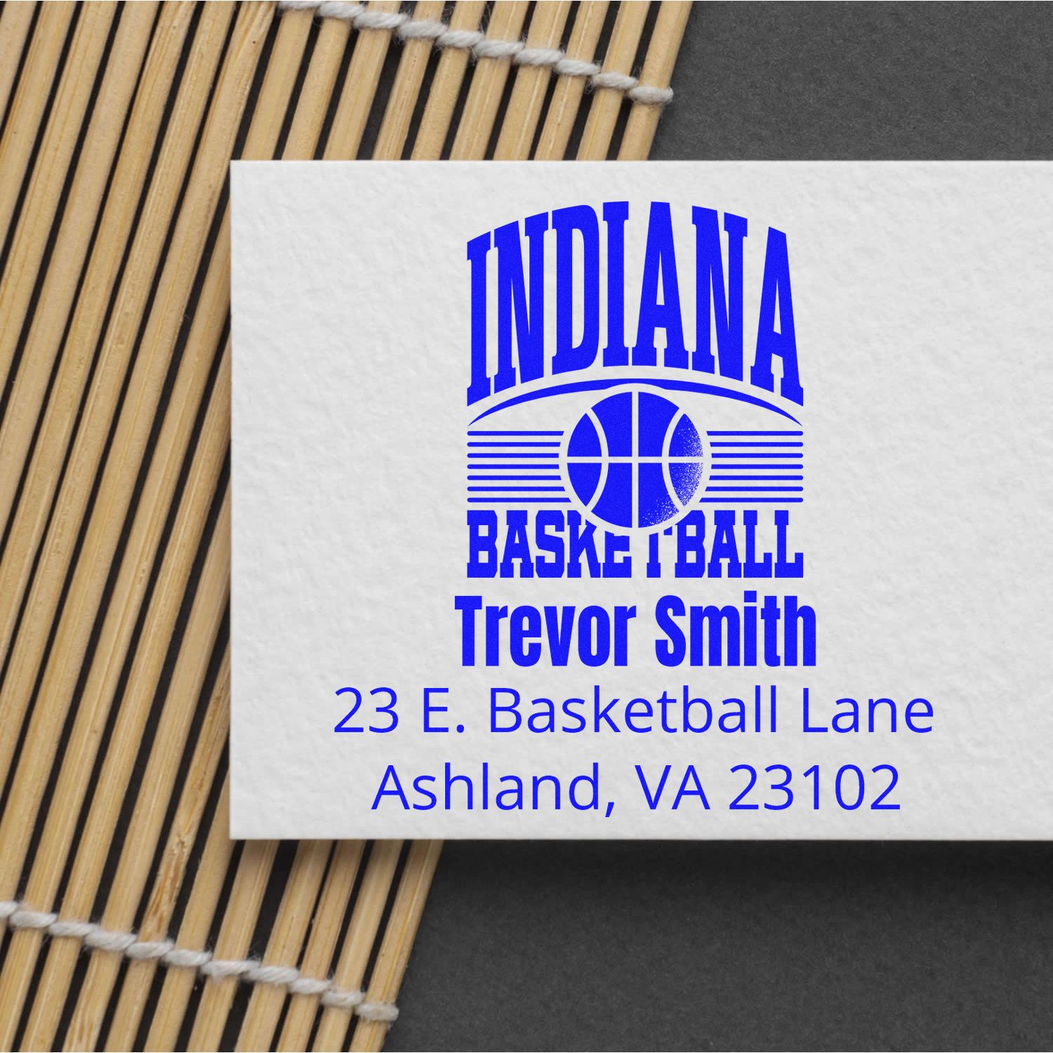Custom Indiana Basketball address stamp for Trevor Smith, 23 E. Basketball Lane, Ashland, VA 23102