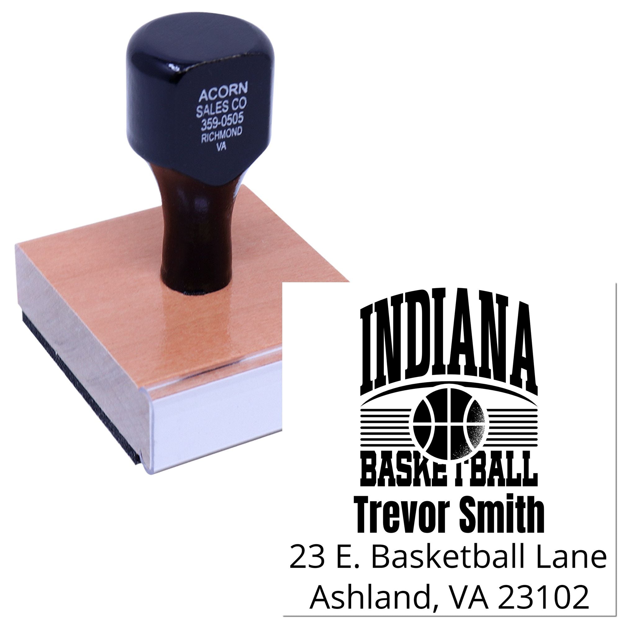 Personalized Indiana basketball return address rubber stamp with custom name and address imprint.