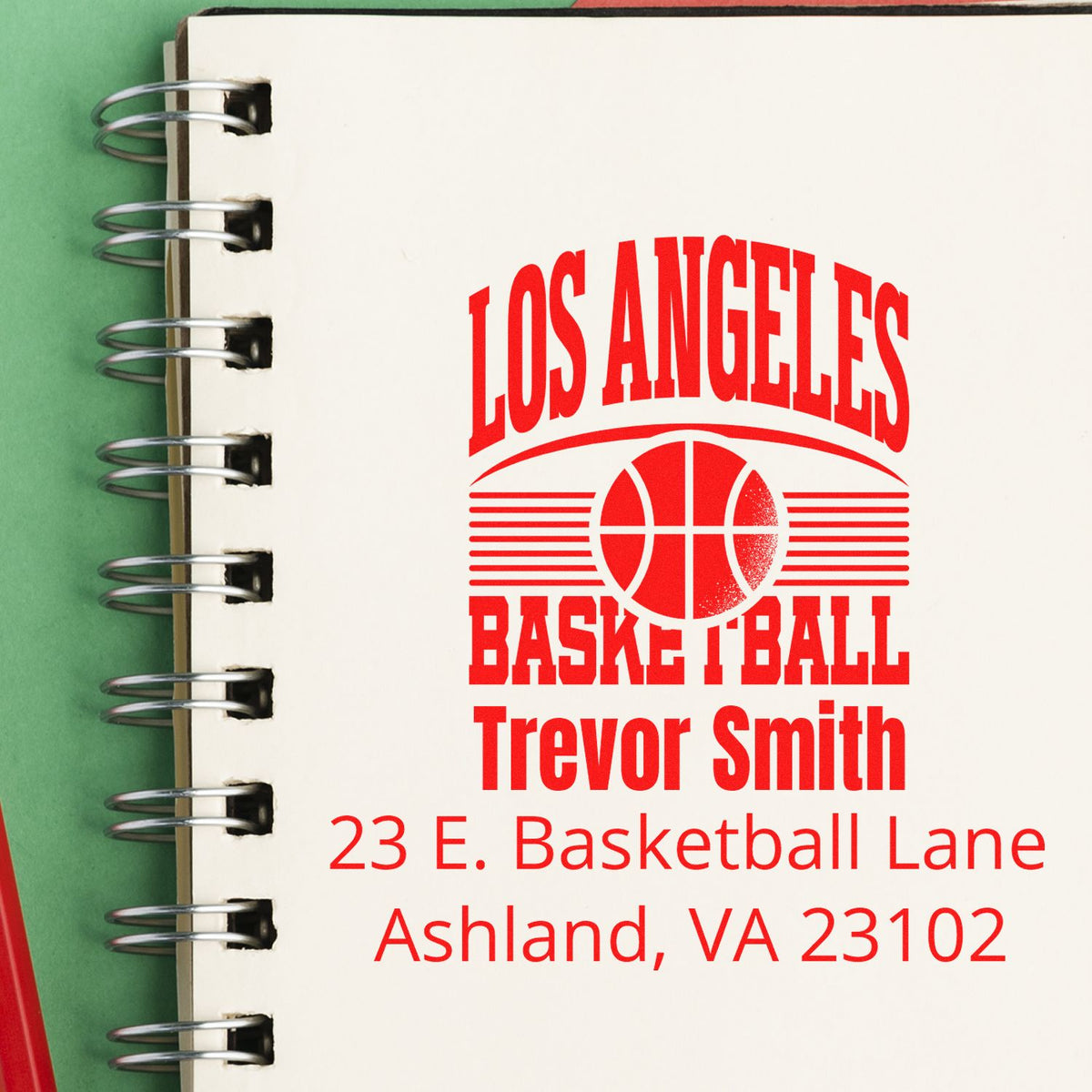 Custom Los Angeles basketball rubber stamp with Trevor Smith name and return address for personalized stationery.