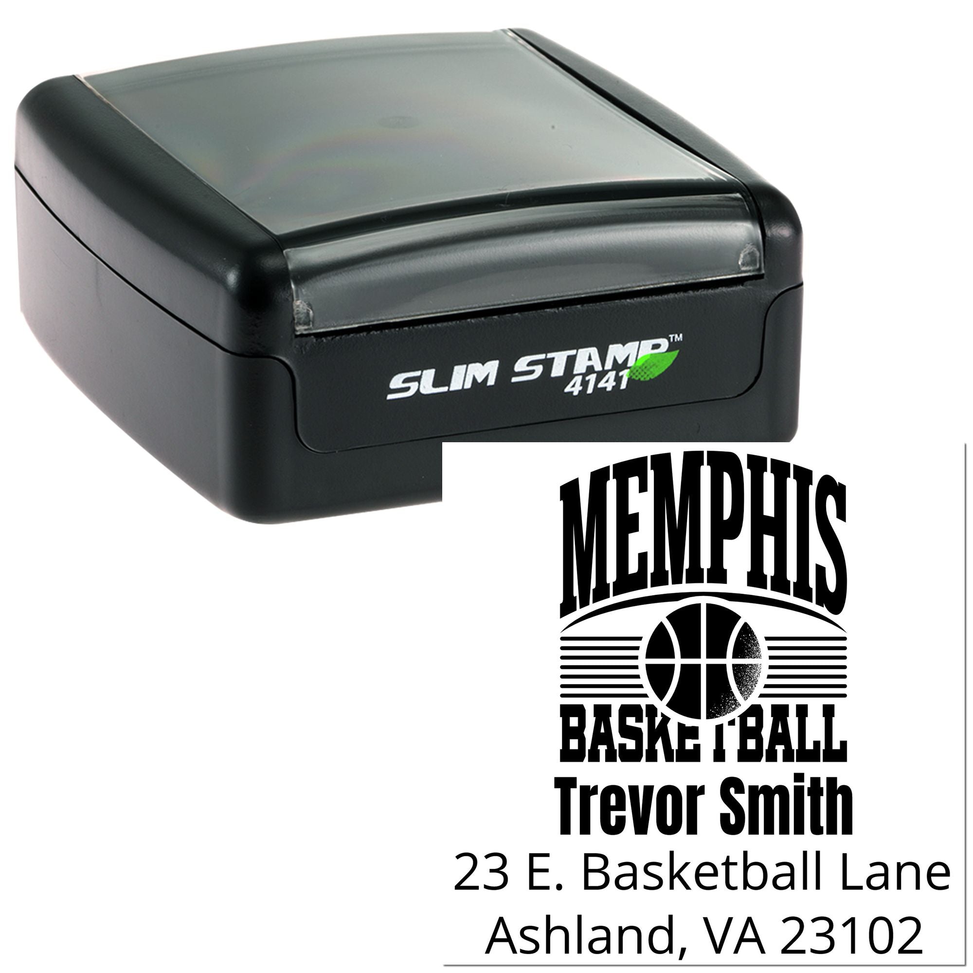 Custom Memphis basketball address rubber stamp with self-inking Slim Stamp for Trevor Smith, Ashland VA