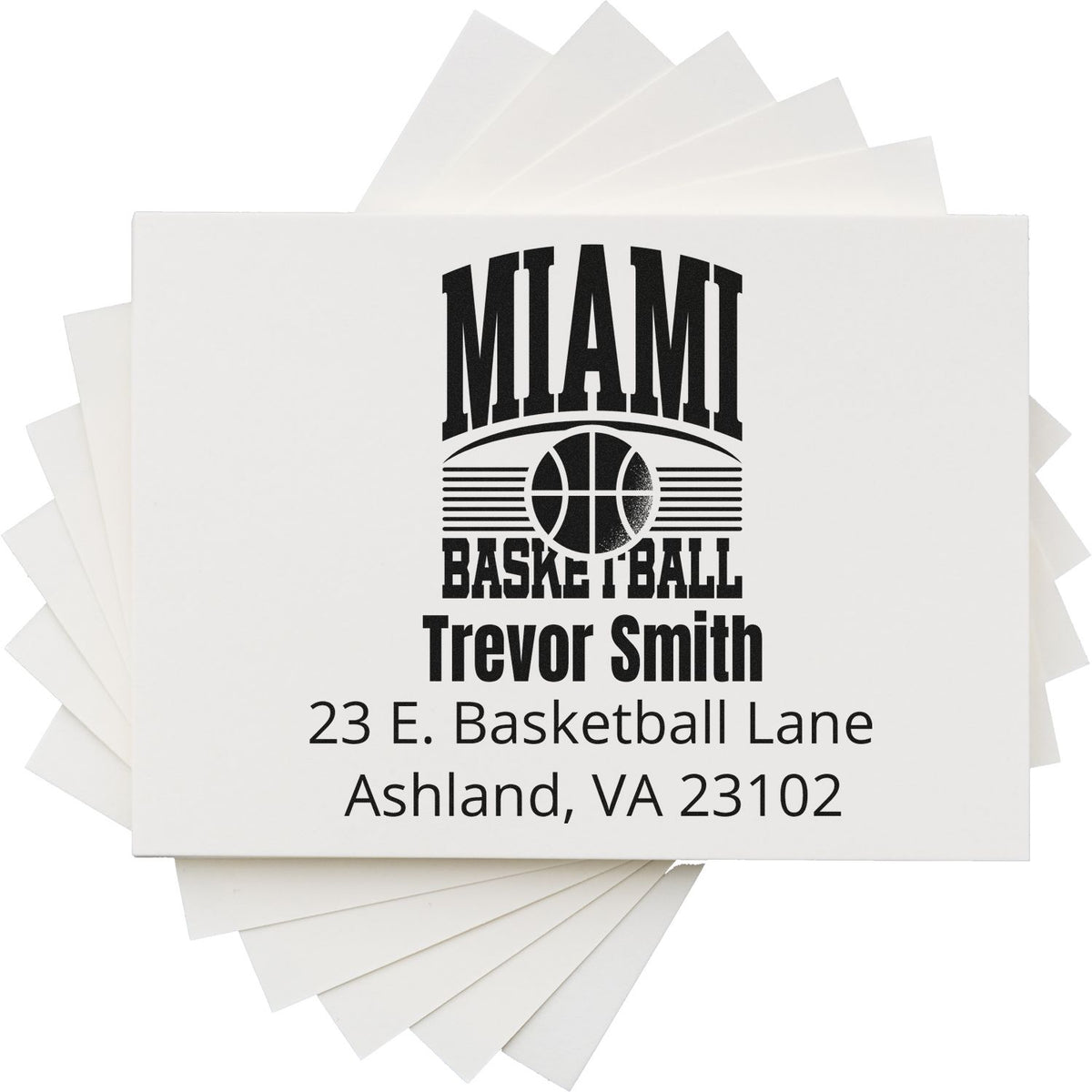 Personalized Miami Basketball return address rubber stamp with Trevor Smith name and Ashland, VA 23102.