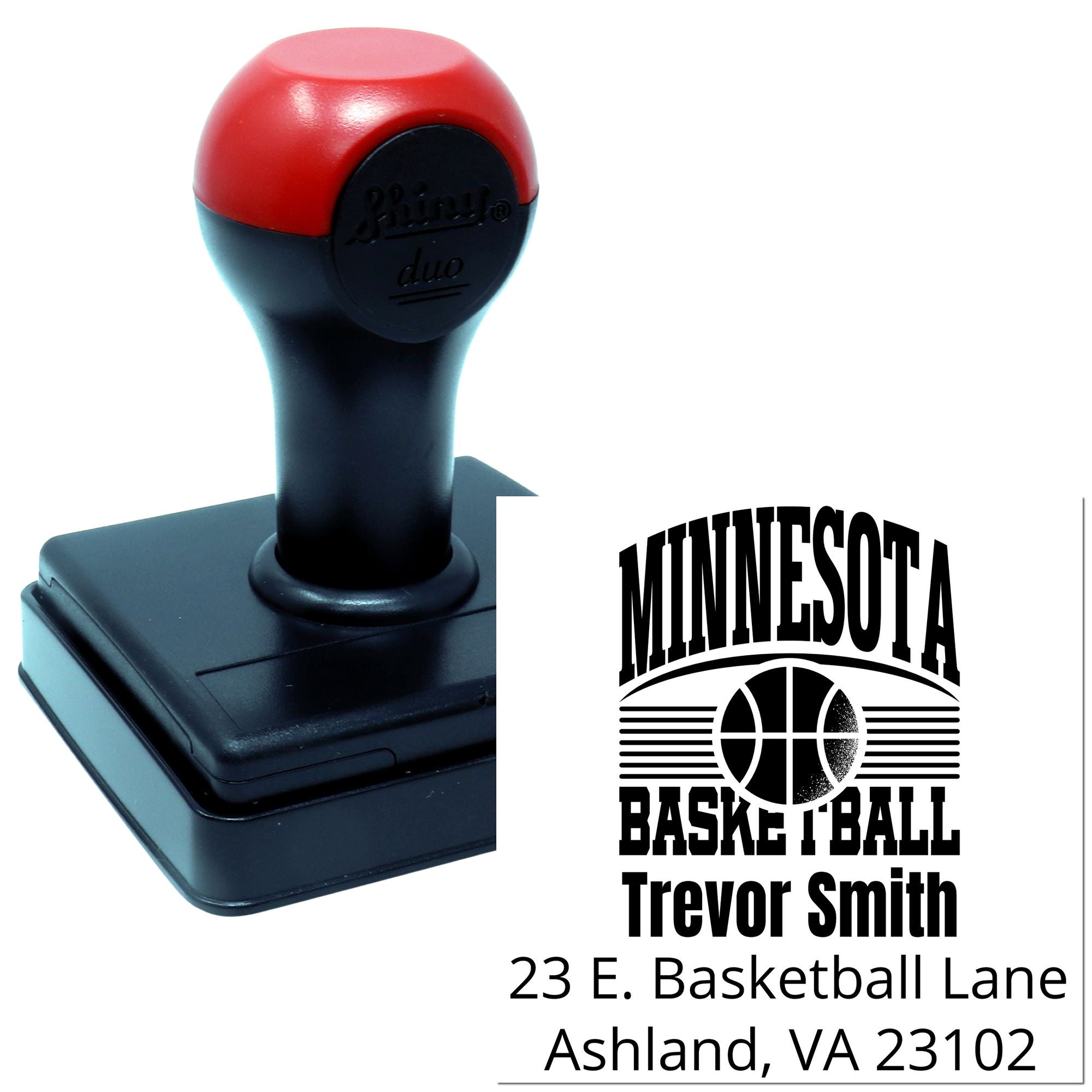 Custom Minnesota basketball rubber stamp with name and address for personalized return address labels and sports branding.