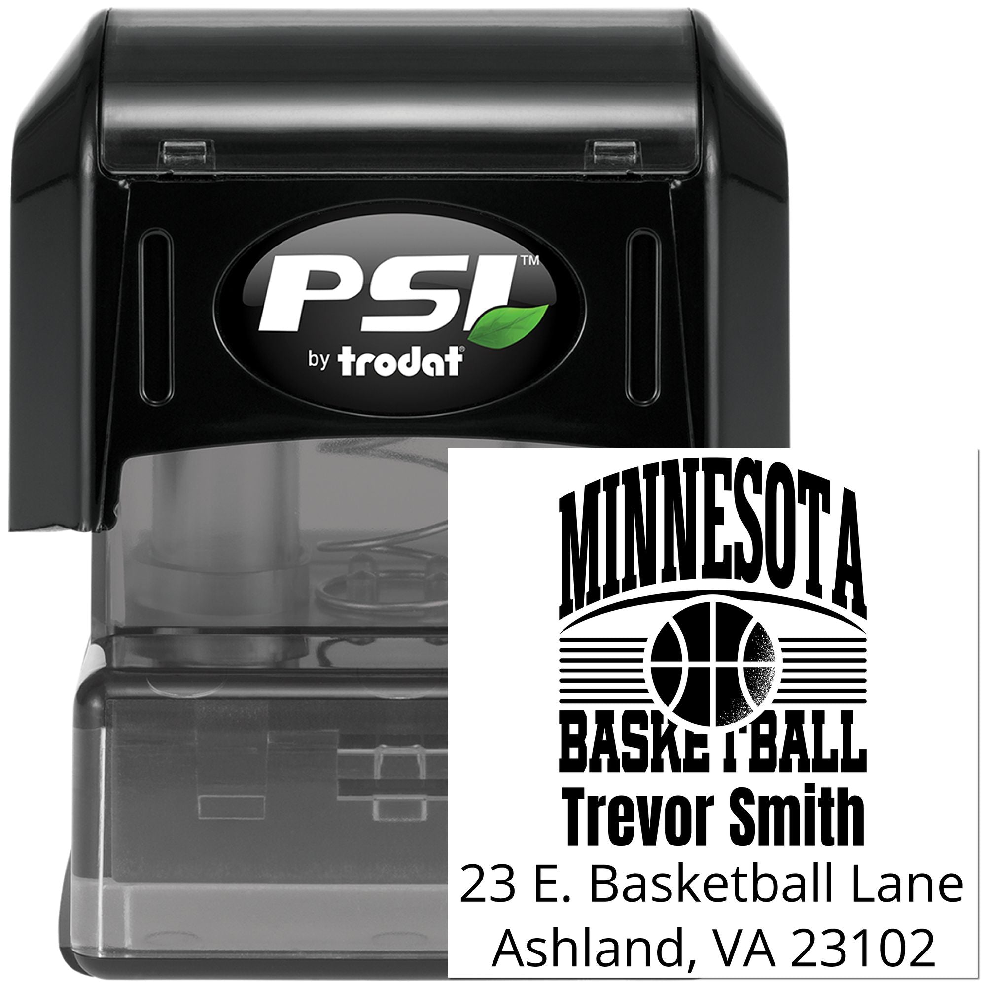 PSI by Trodat self-inking rubber stamp with custom Minnesota basketball address design for personalized return mailing.