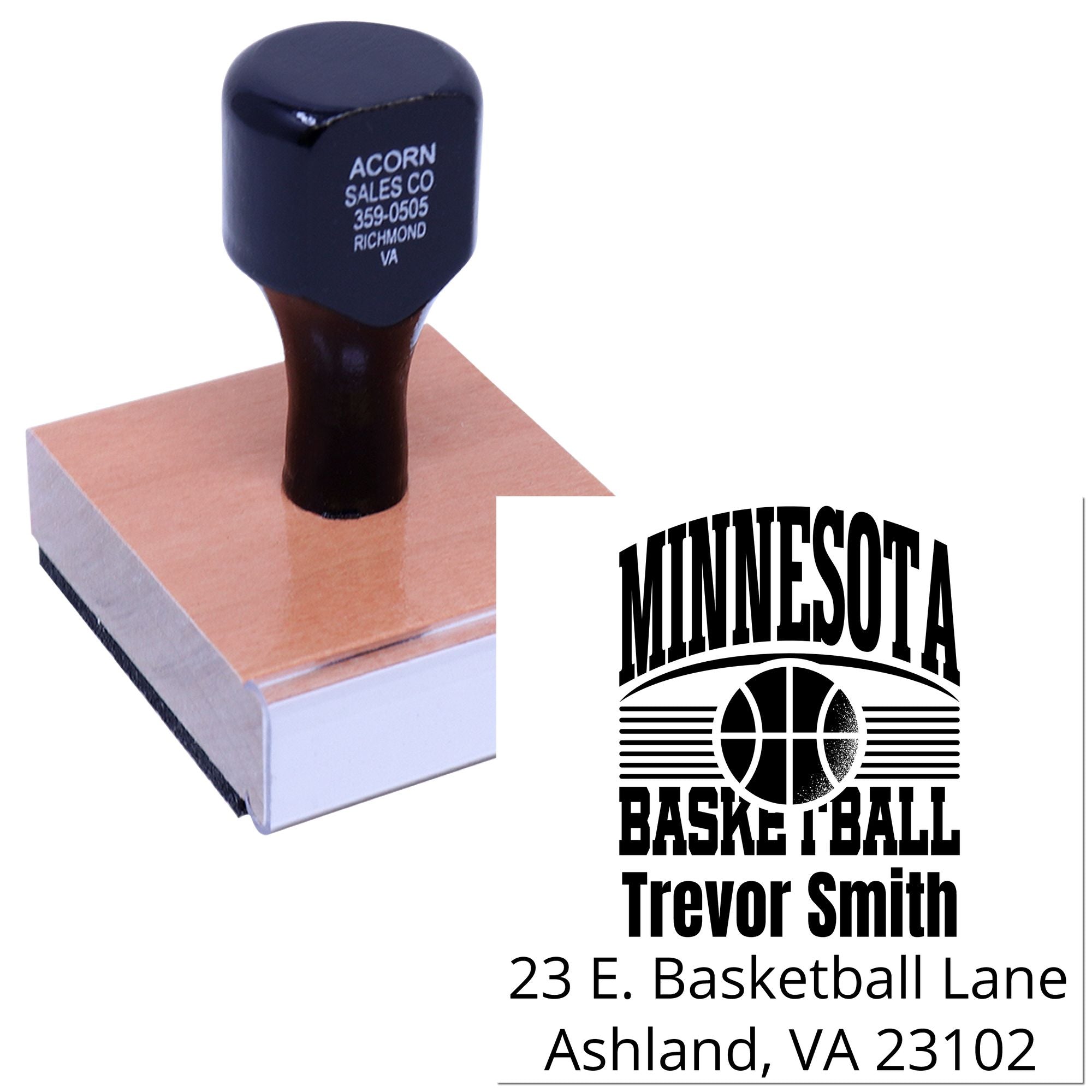 Custom Minnesota basketball address rubber stamp with personalized name and return address for team mailings.