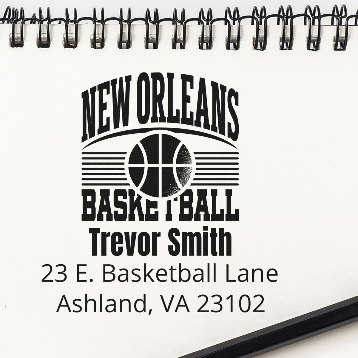Custom New Orleans basketball rubber stamp with Trevor Smith name and Ashland, VA address for personalized mailings.