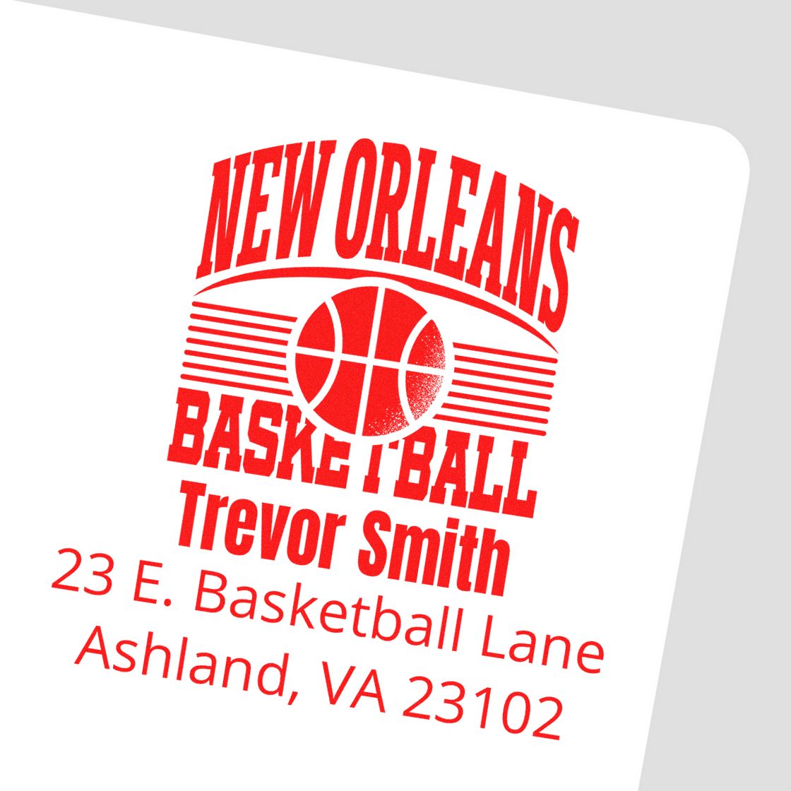 Custom New Orleans basketball return address rubber stamp for Trevor Smith, Ashland, VA