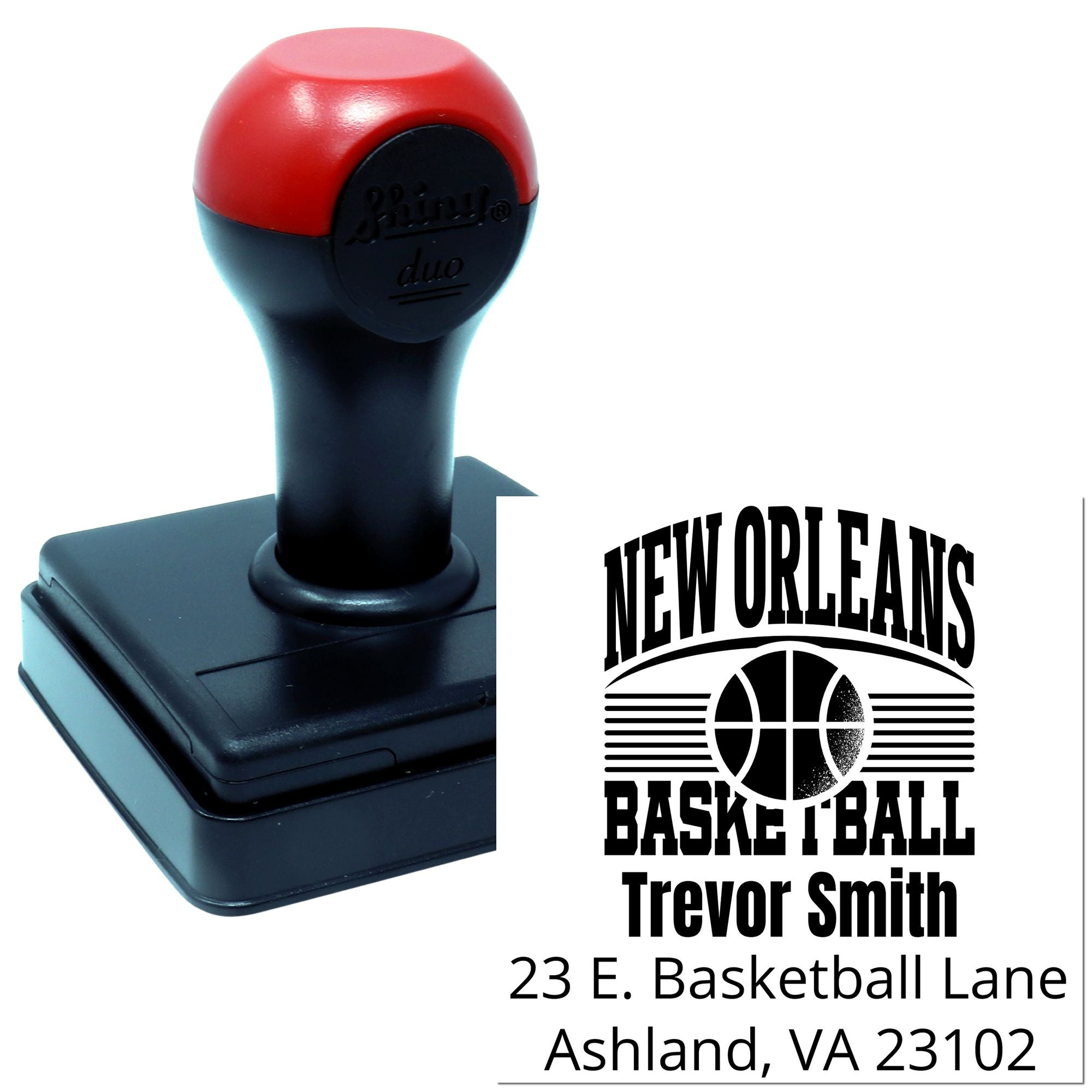 Custom self-inking rubber stamp for New Orleans Basketball, personalized with Trevor Smith and Ashland, VA address.