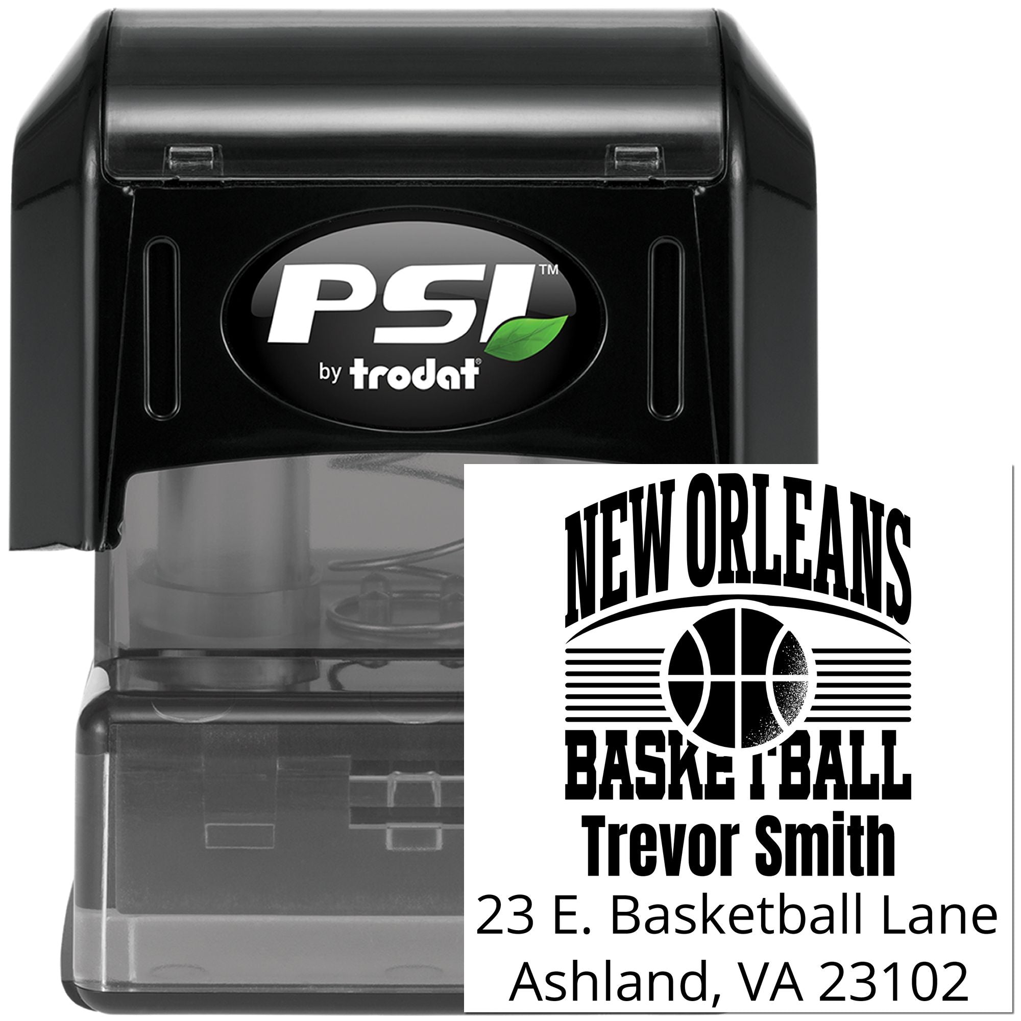 PSI by Trodat custom self-inking rubber stamp for New Orleans Basketball, Trevor Smith address and return-mailing use.