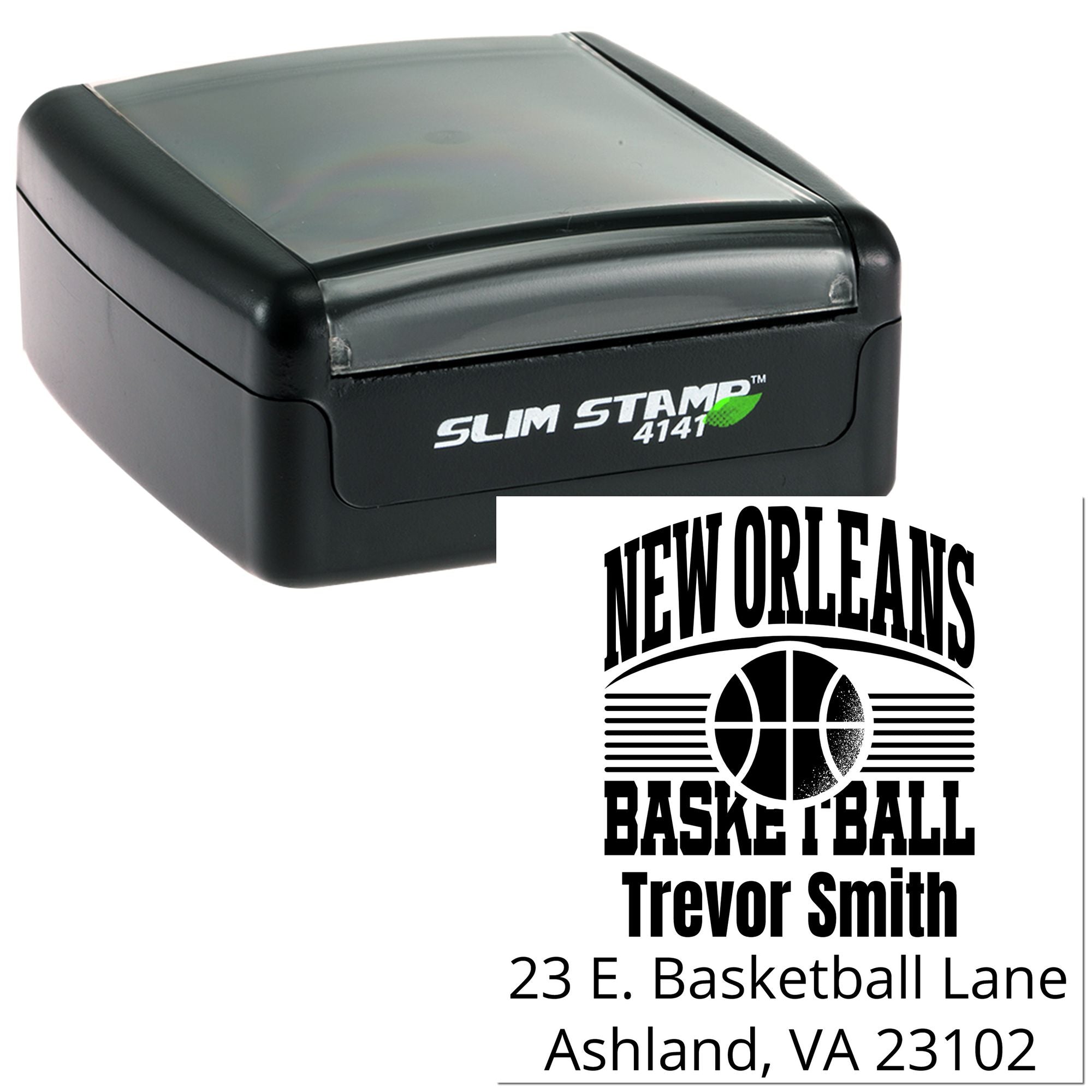 Custom self-inking rubber stamp with New Orleans basketball logo and personalized name and address for sports mailings.