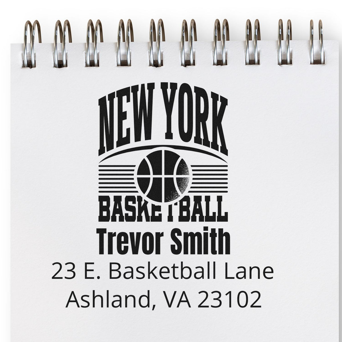 Custom New York Basketball rubber stamp with Trevor Smith name and Ashland, VA address for sports branding and mailing labels.