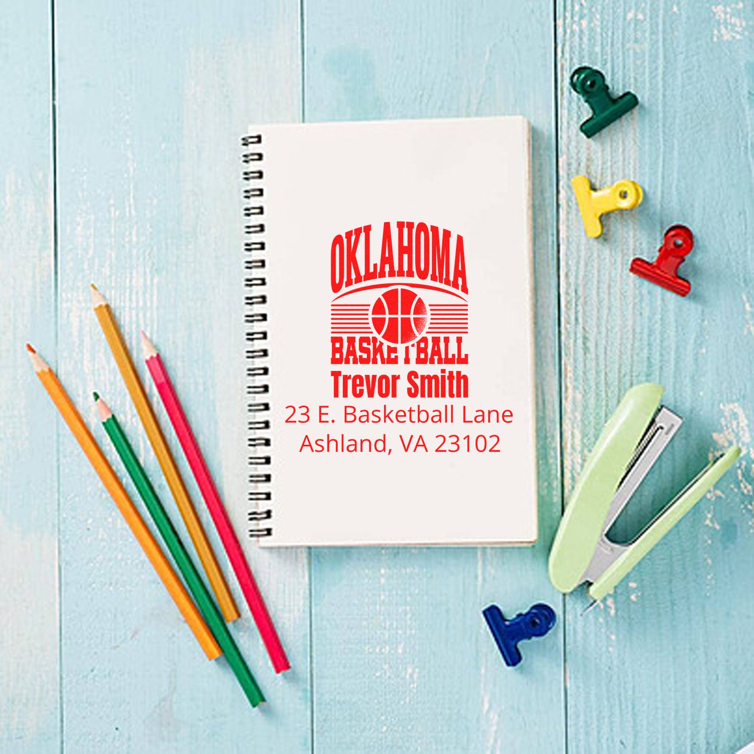 Custom Oklahoma basketball address rubber stamp imprint on spiral notebook with Trevor Smith name and address