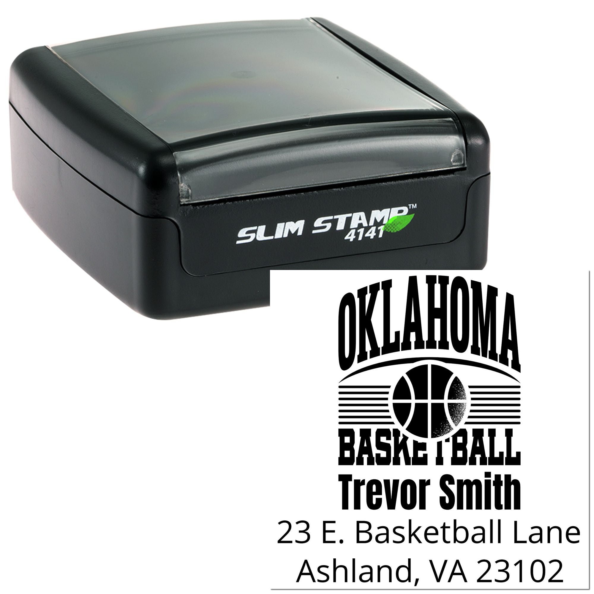 Custom Oklahoma basketball return address rubber stamp for Trevor Smith, Ashland, VA, with self-inking Slim Stamp design.