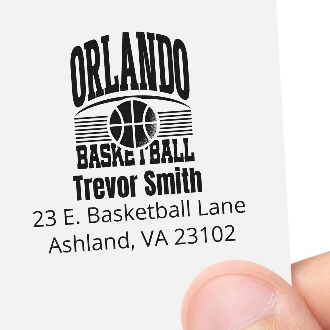 Custom Orlando basketball rubber stamp with Trevor Smith name and Ashland, VA 23102 address