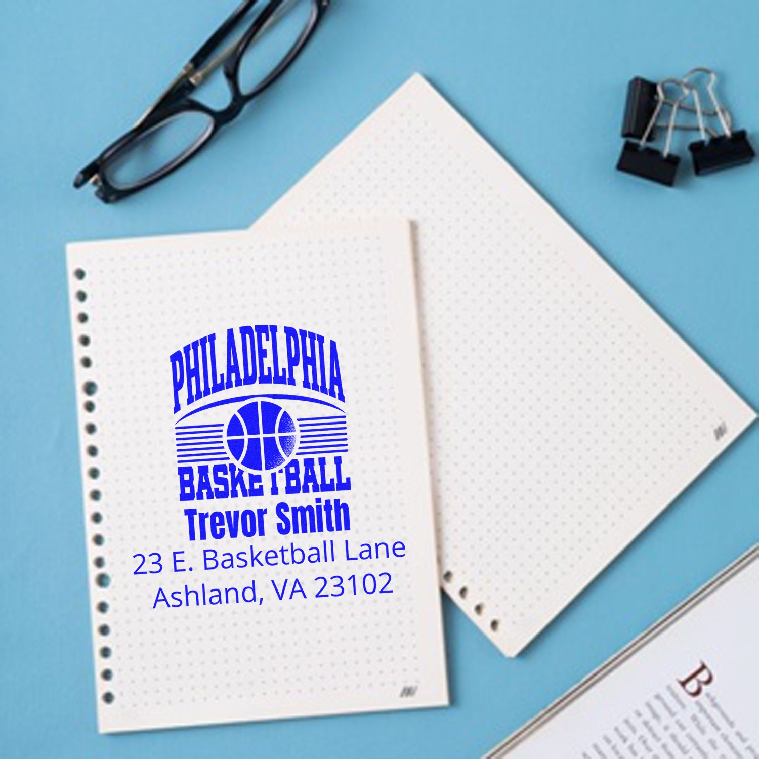 Custom Philadelphia basketball rubber stamp with Trevor Smith name and address for personalized stationery.