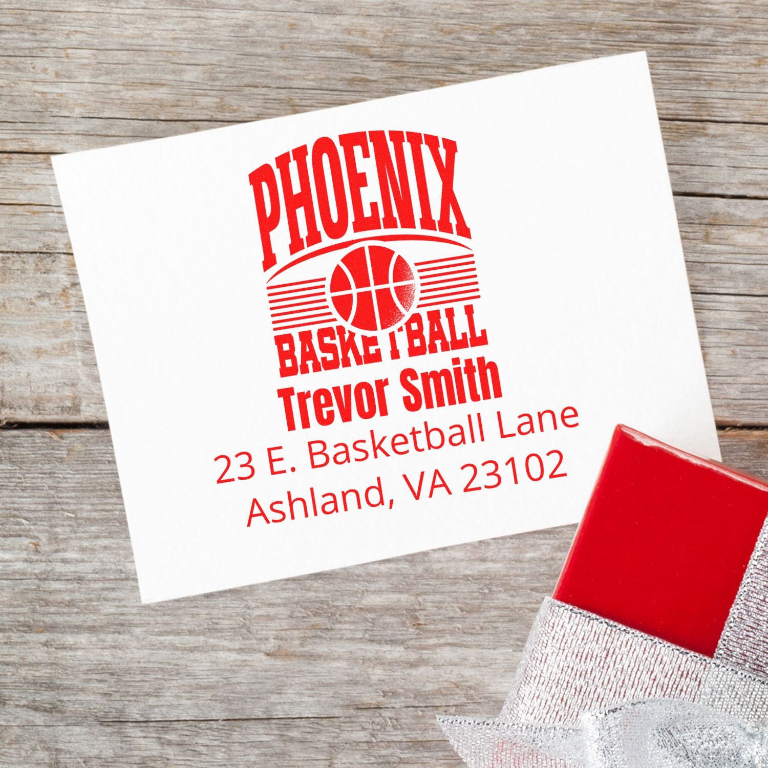 Custom Phoenix Basketball return address rubber stamp with Trevor Smith, Ashland, VA 23102.