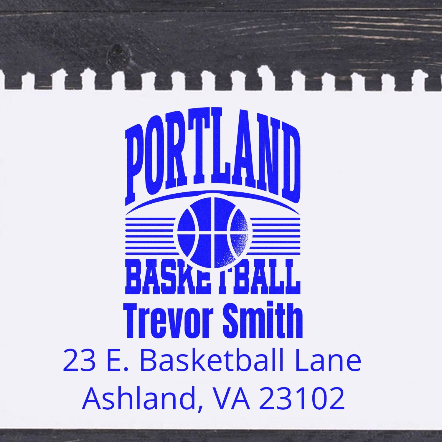 Custom Portland Basketball rubber stamp with Trevor Smith name and Ashland, VA 23102 return address
