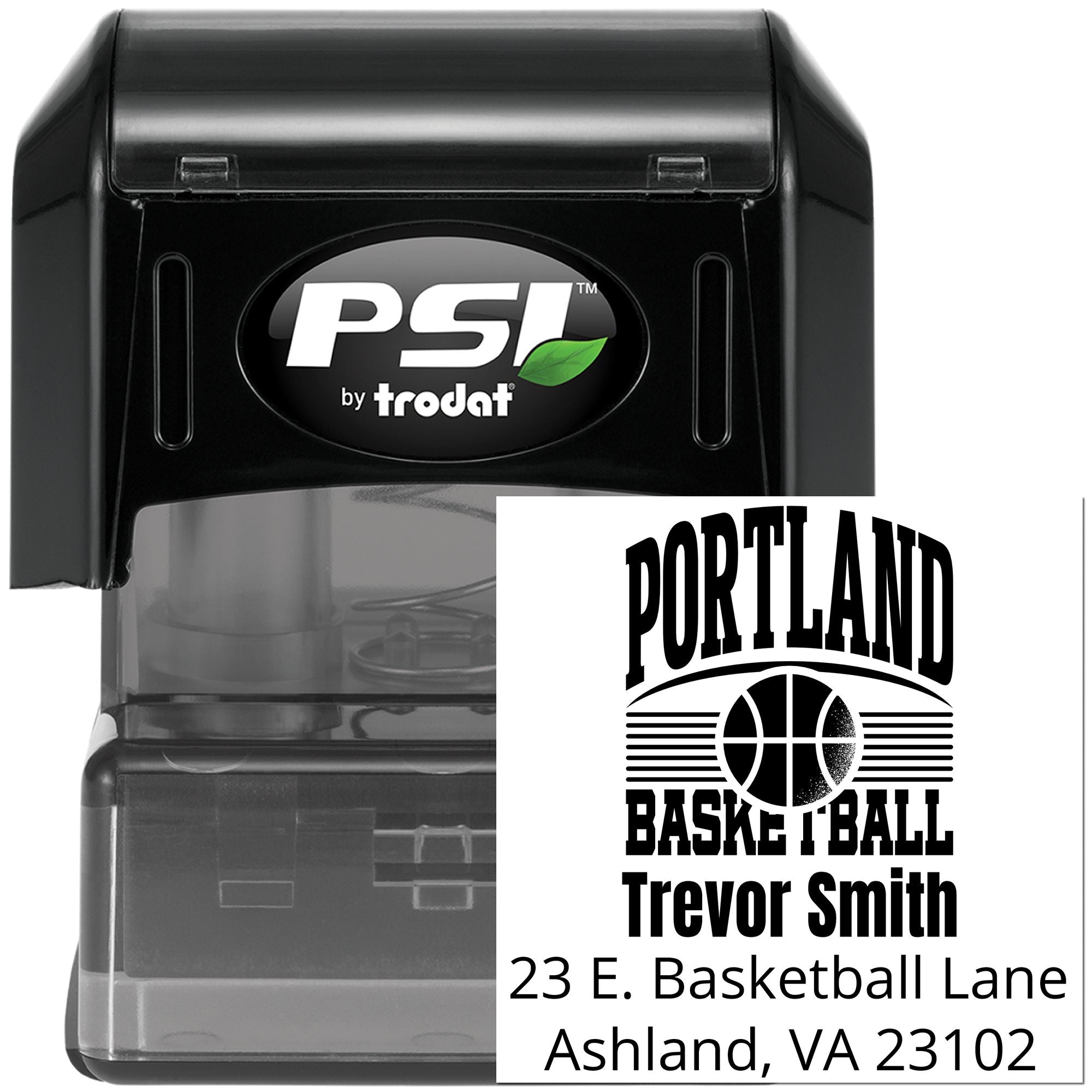 Custom self-inking rubber stamp with Portland Basketball design, Trevor Smith name, and Ashland, VA return address.