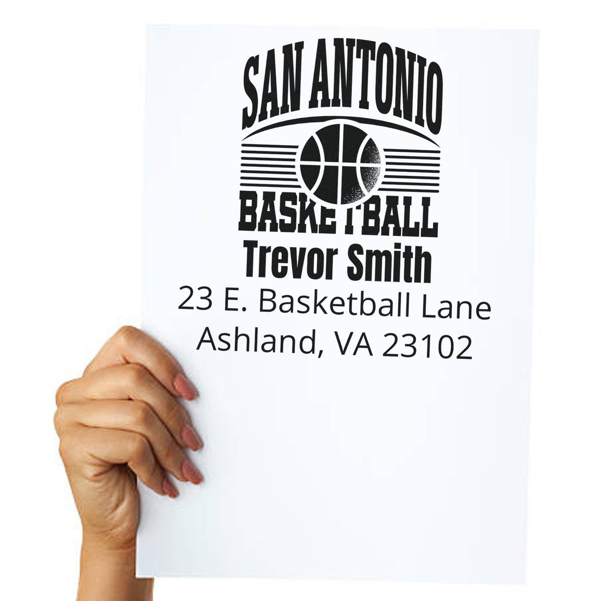 Custom basketball address rubber stamp design for Trevor Smith, San Antonio team, with name and mailing address.