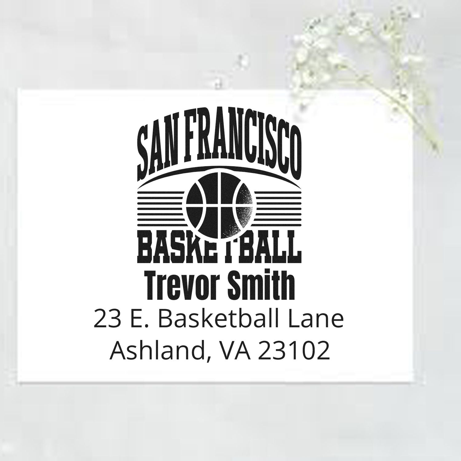 Personalized San Francisco basketball address rubber stamp for Trevor Smith, Ashland, VA