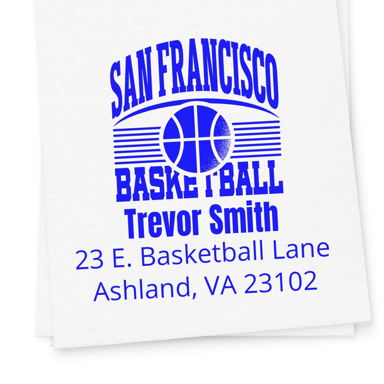 Custom San Francisco Basketball rubber stamp for Trevor Smith return address, Ashland, VA 23102.