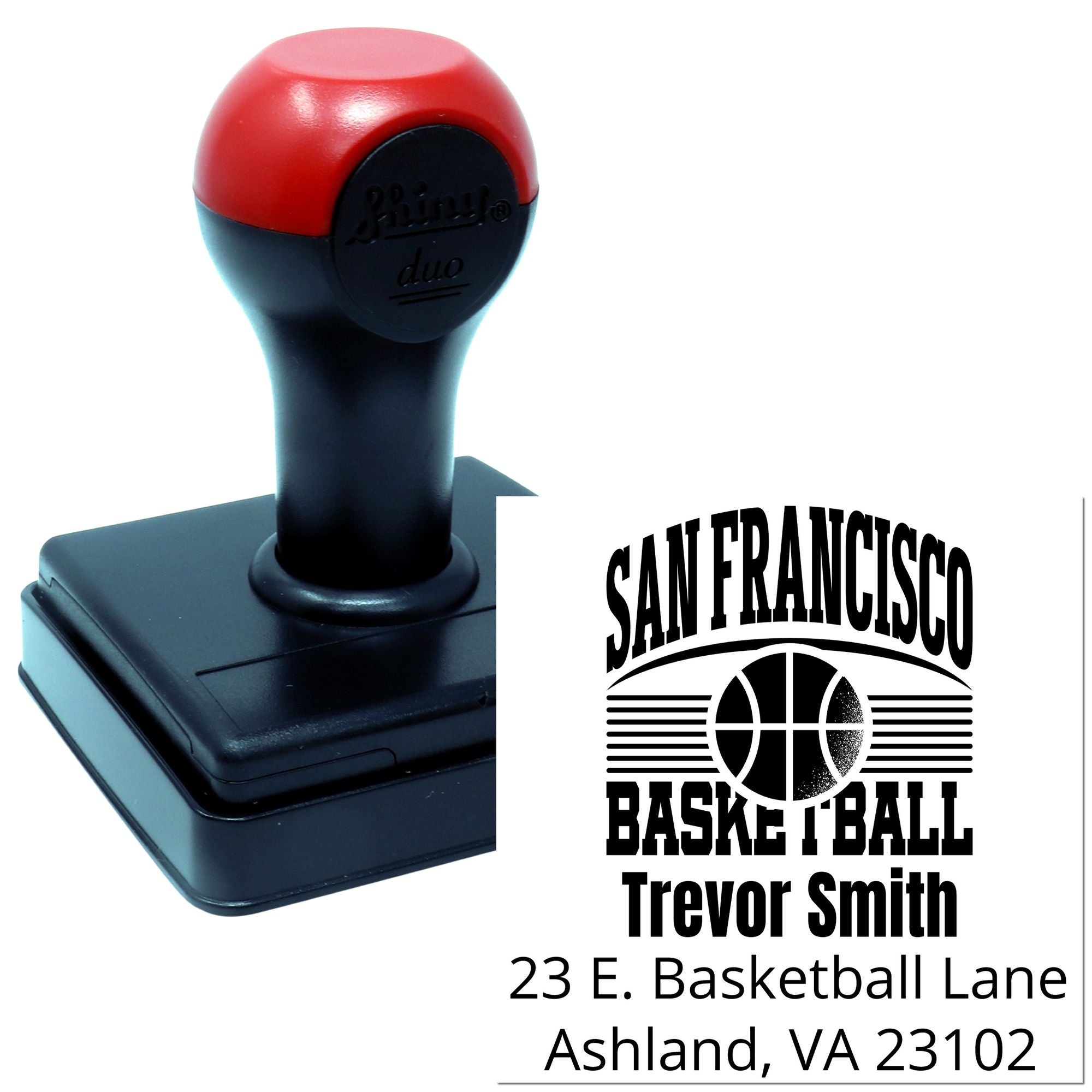 Custom self-inking rubber stamp with San Francisco basketball return address design for personalized mail.