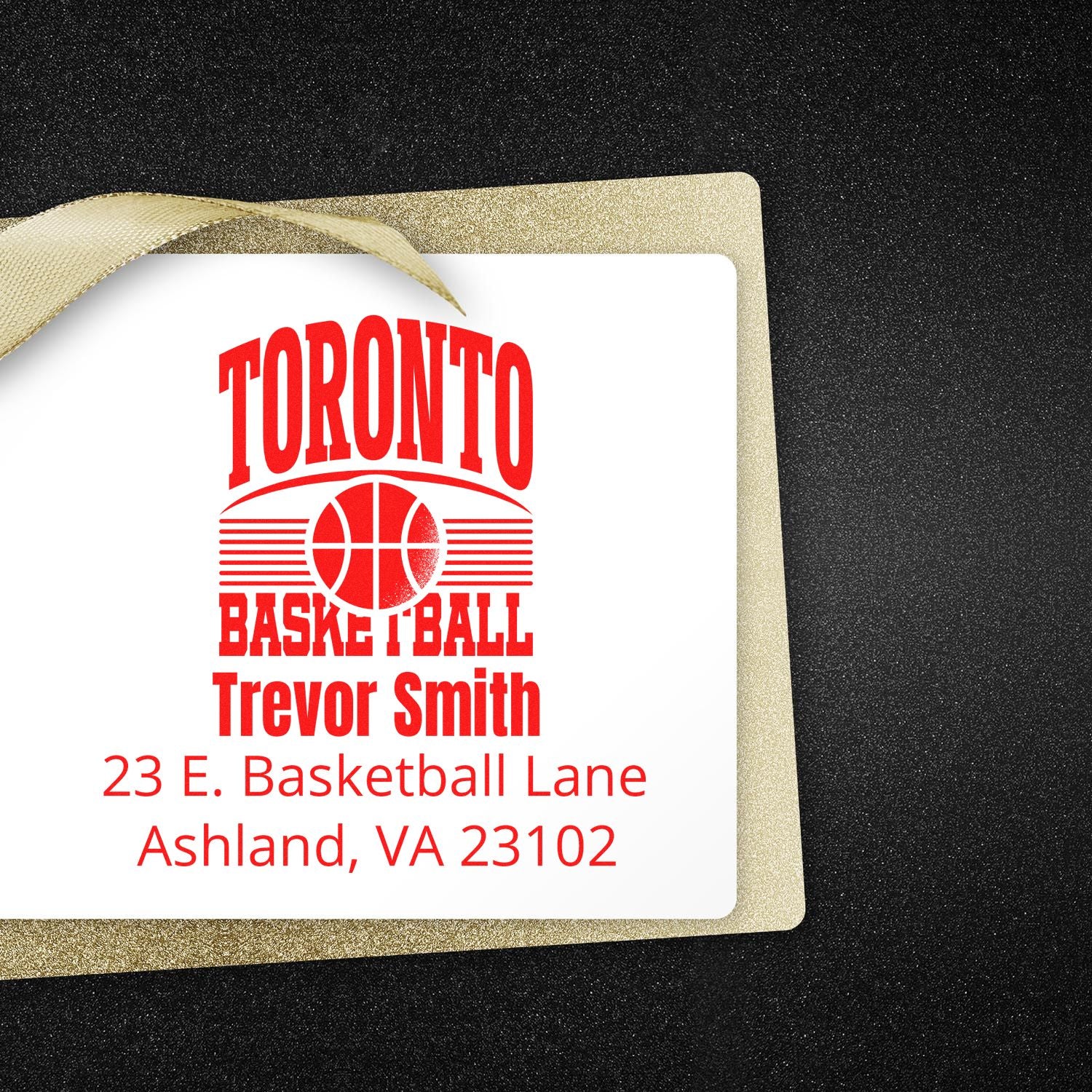 Custom Toronto basketball address stamp with Trevor Smith name and Ashland, VA return address for mailing and gifts